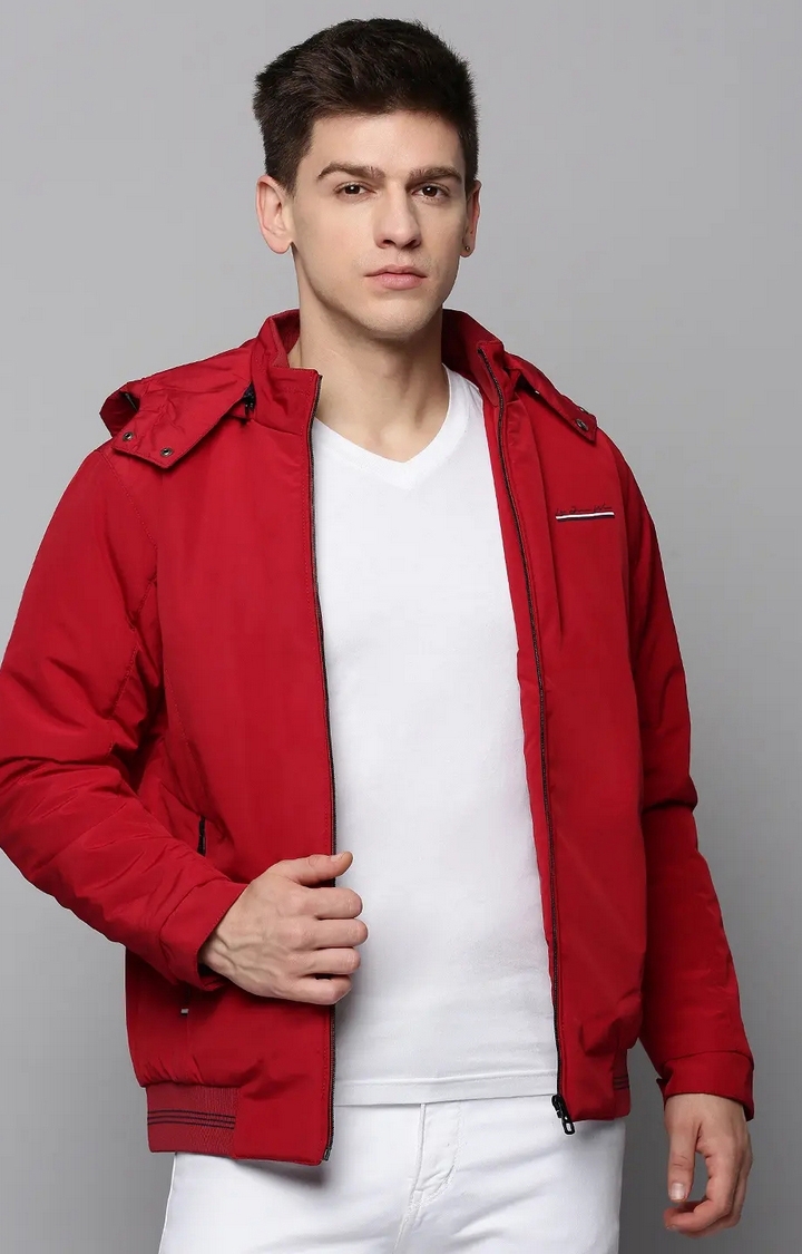 SHOWOFF Men Maroon Solid Hooded Full Sleeves Open Front Jacket