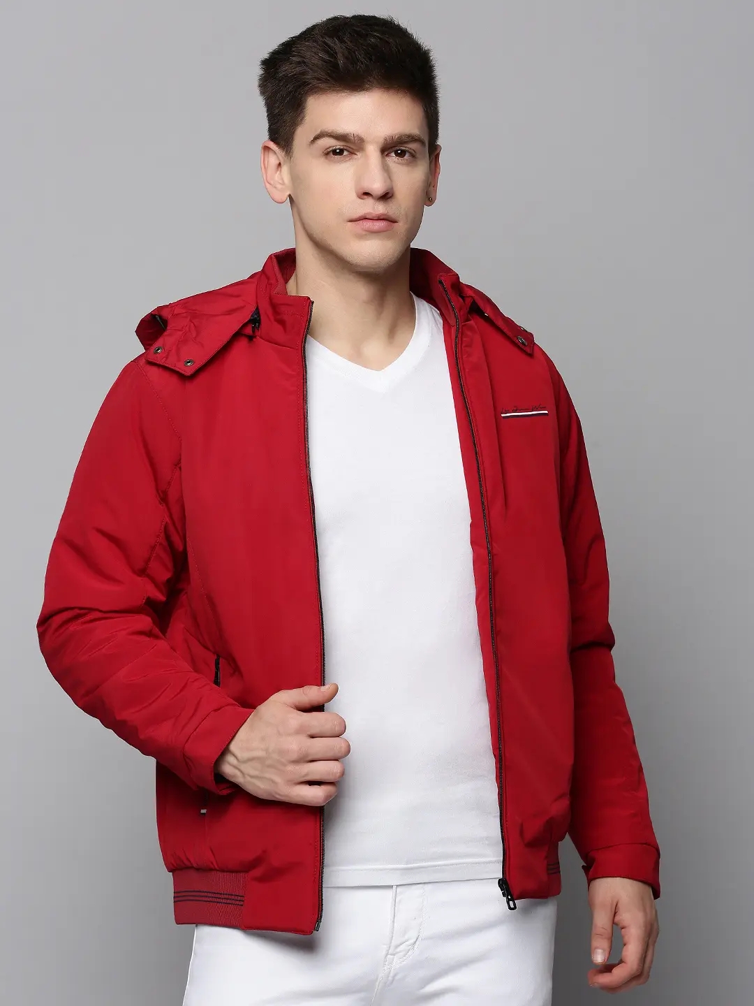 SHOWOFF Men's Hooded Maroon Solid Open Front Jacket