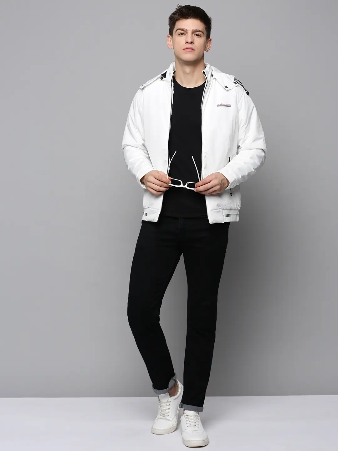 SHOWOFF Men's Hooded White Solid Open Front Jacket