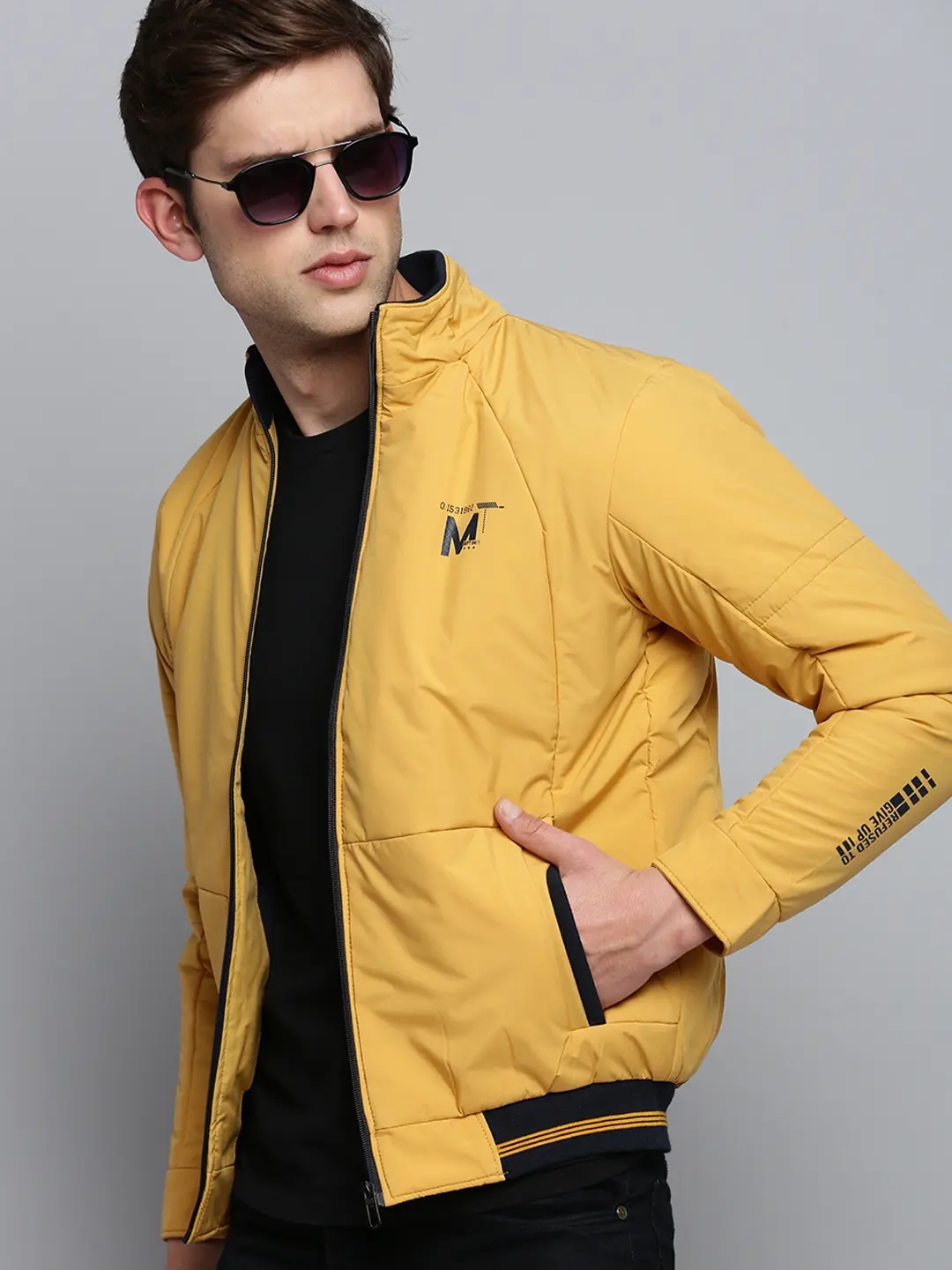 SHOWOFF Men's Solid Mock Collar Yellow Padded Jacket