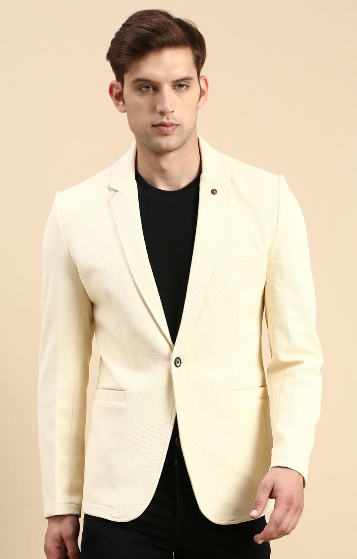 SHOWOFF Men's Single Breasted Cream Solid Slim Fit Blazer