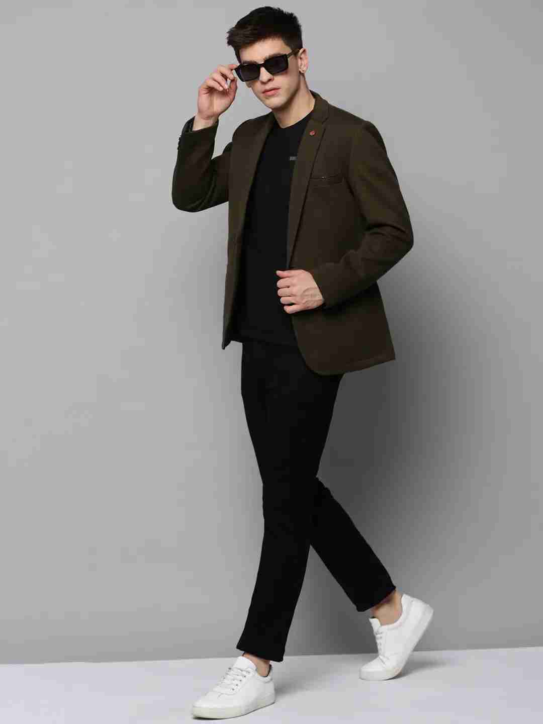 SHOWOFF Men's Notched Lapel Solid Olive Open Front Blazer