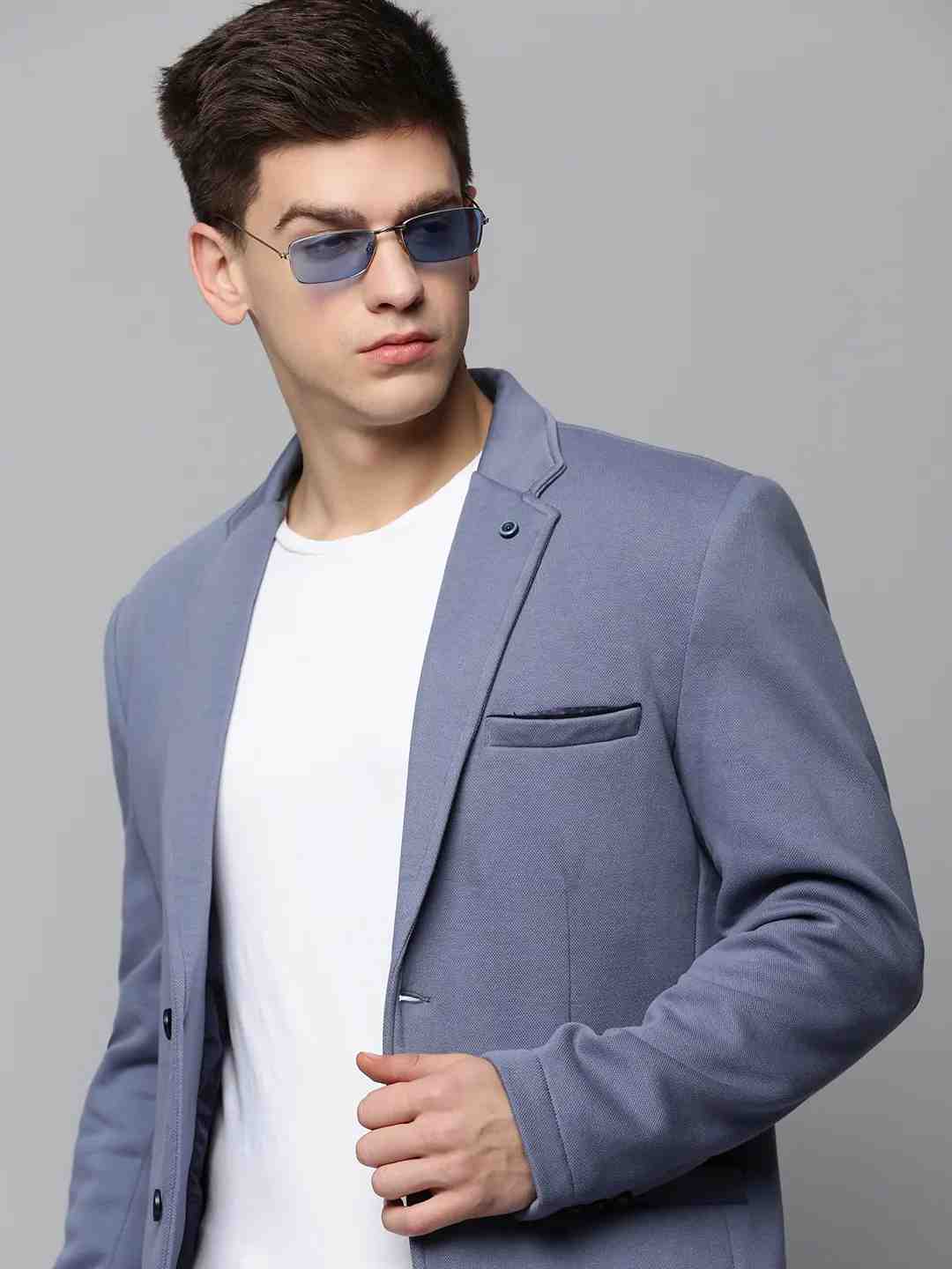 SHOWOFF Men Grey Solid Notched Lapel Full Sleeves Open Front Blazer