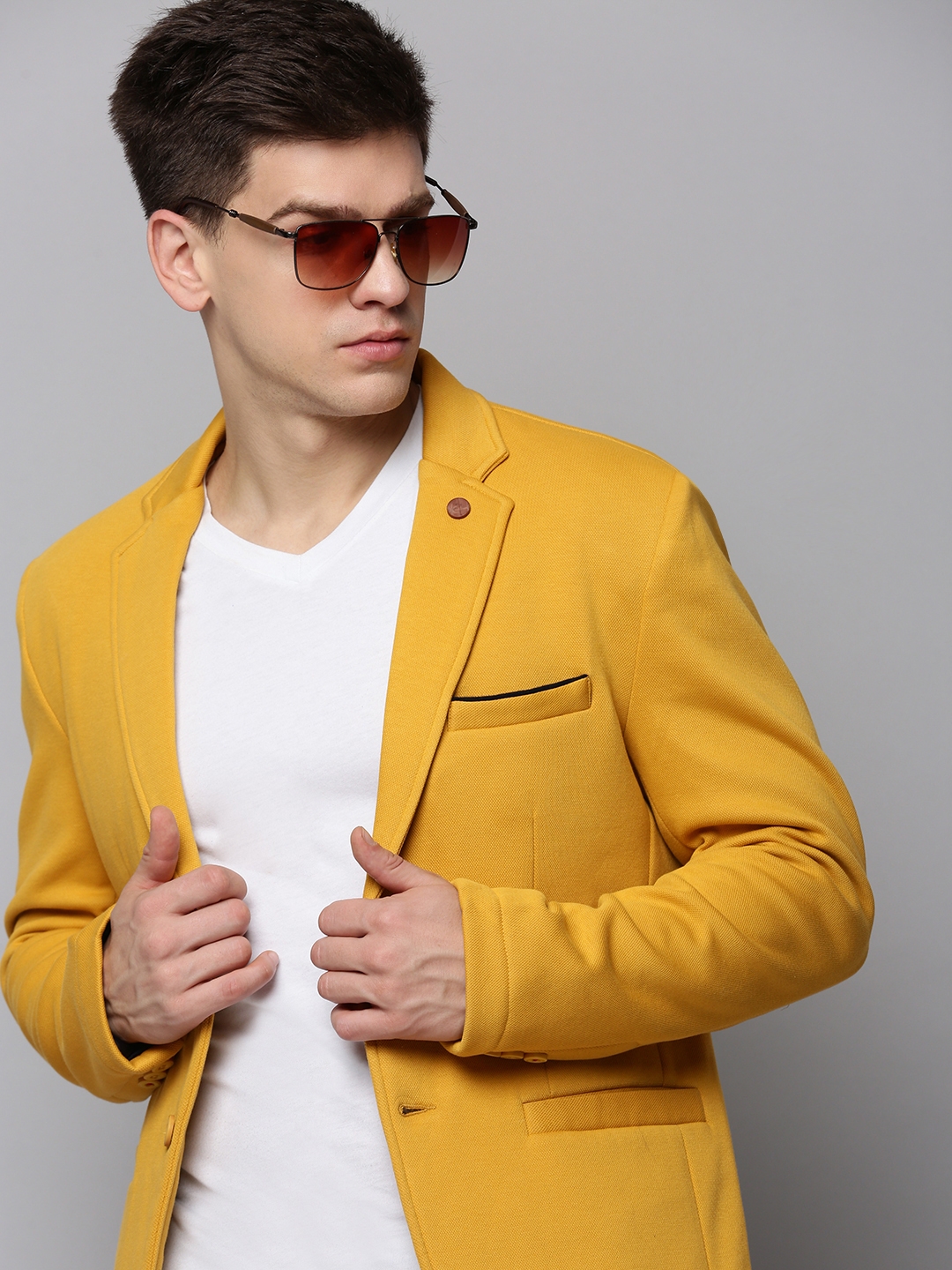 SHOWOFF Men Yellow Solid Notched Lapel Full Sleeves Open Front Blazer