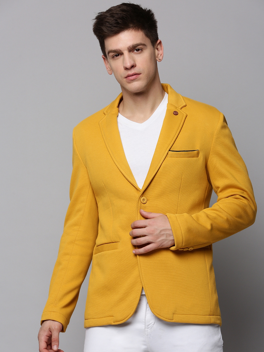 SHOWOFF Men's Notched Lapel Solid Yellow Open Front Blazer
