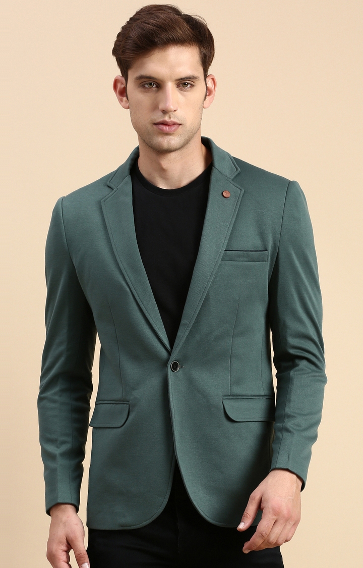 SHOWOFF Men's Single Breasted Green Solid Slim Fit Blazer