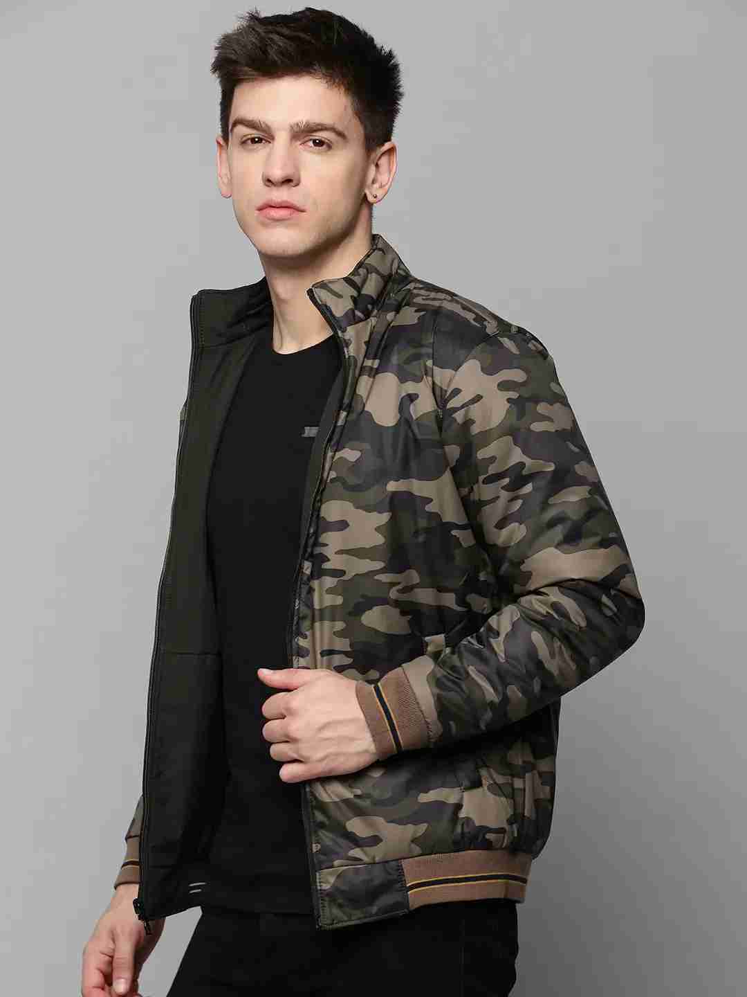 SHOWOFF Men's Mock Collar Olive Solid Open Front Jacket