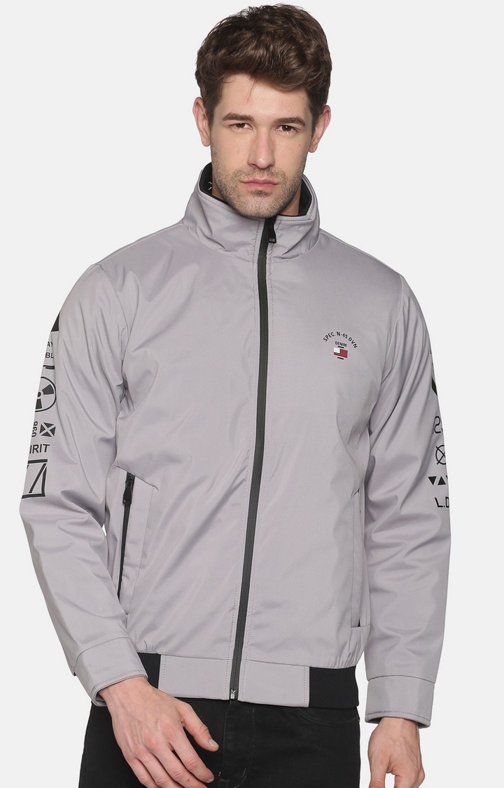 SHOWOFF Men Grey Solid High Neck Full Sleeves Regular Fit Mid Length Bomber Jacket