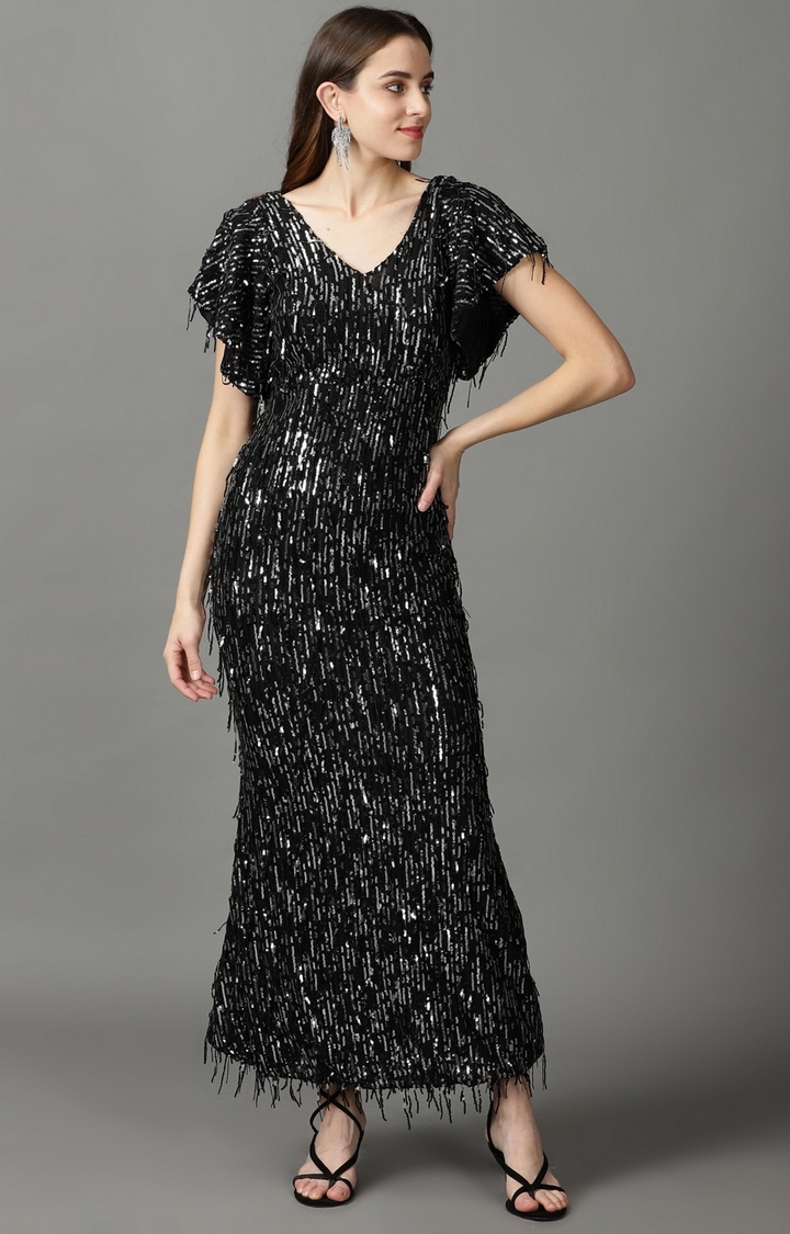 SHOWOFF Women's Bodycon Black Embellished Maxi Dress