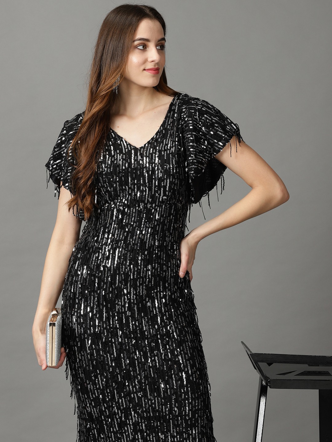 SHOWOFF Women's Bodycon Black Embellished Maxi Dress