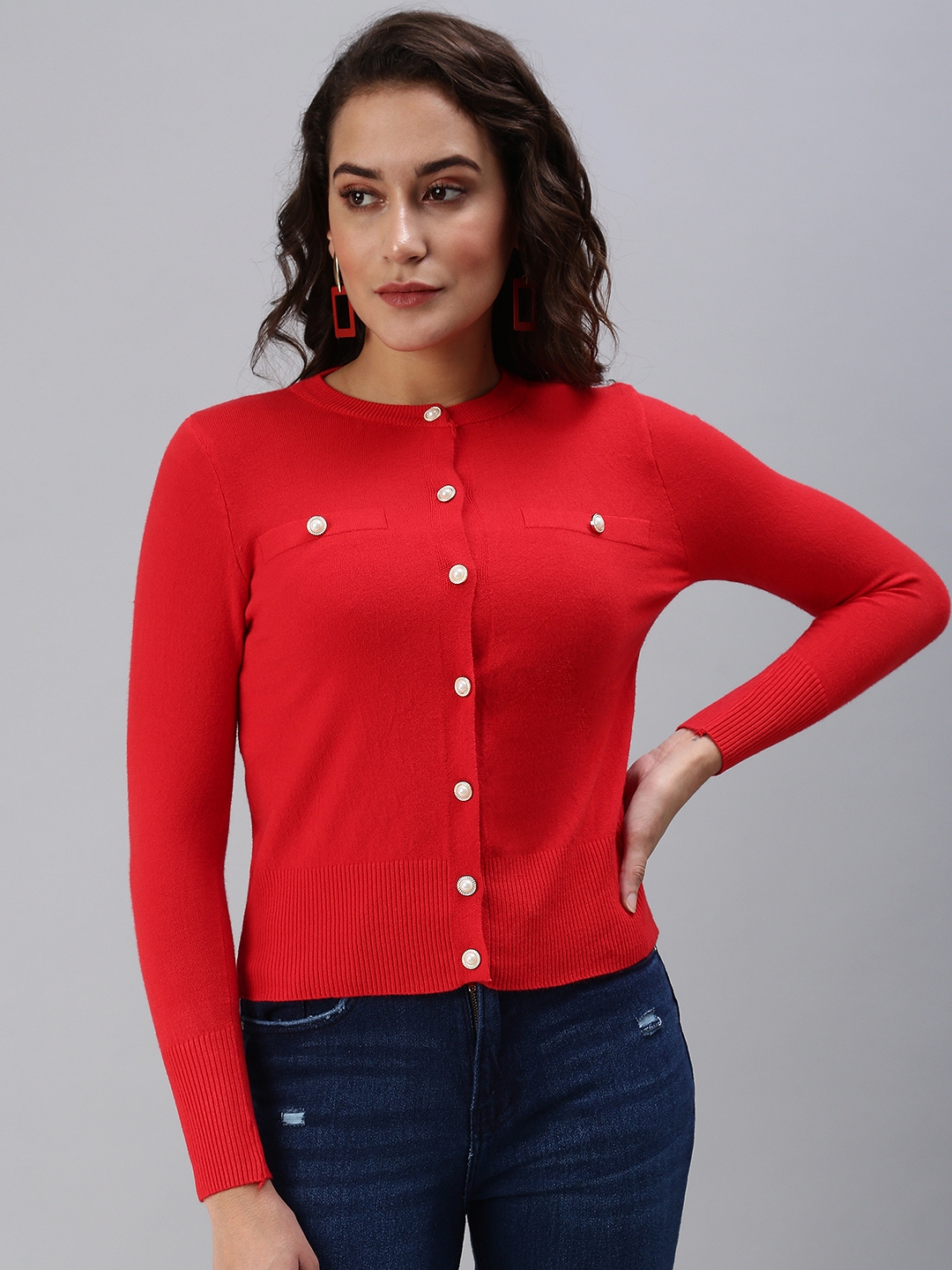 SHOWOFF Women's Solid Fitted Red Round Neck Top