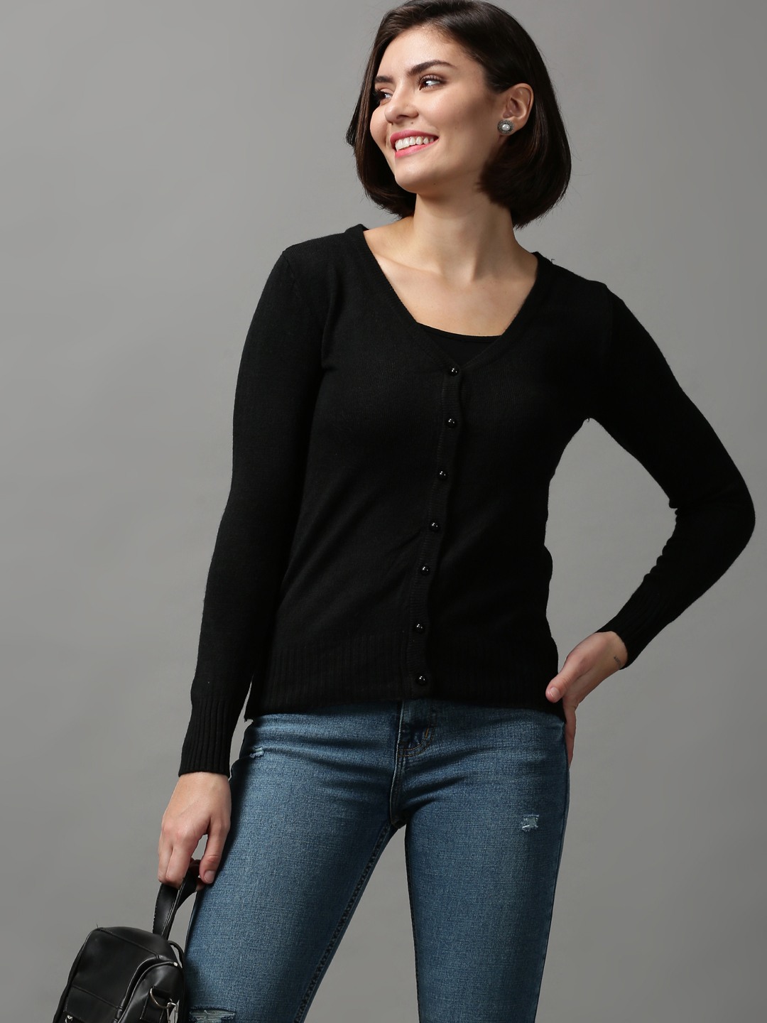 Showoff | SHOWOFF Women Black Solid V Neck Full Sleeves Sweater Vest Sweater