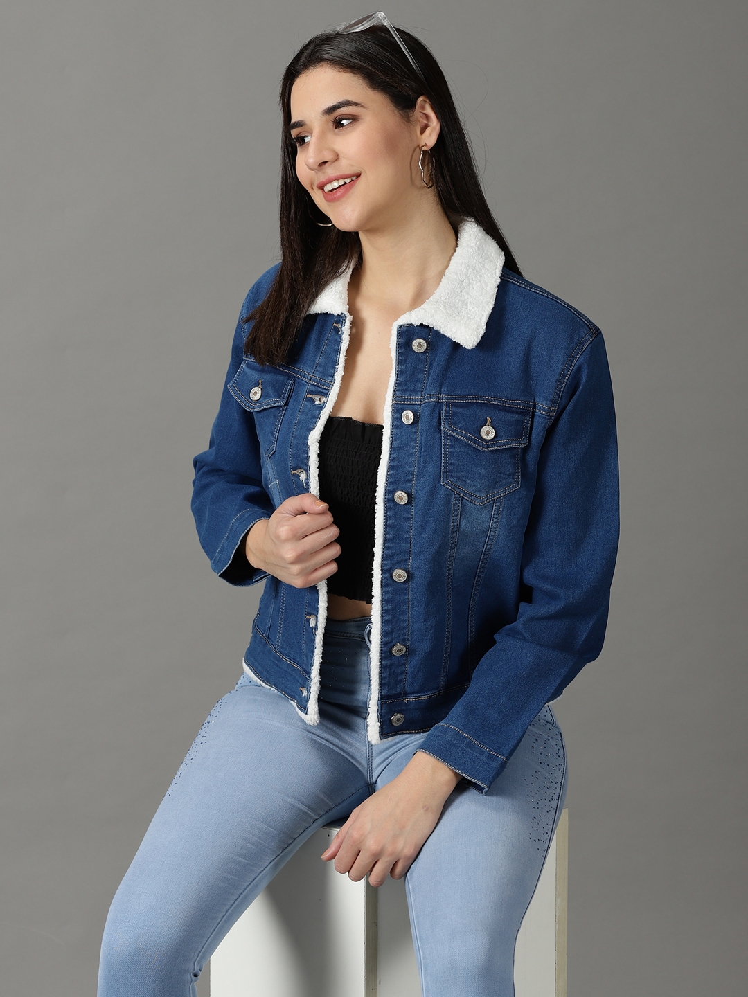 Showoff | SHOWOFF Women's Spread Collar Solid Blue Denim Jacket