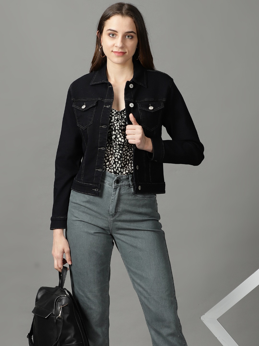 SHOWOFF Women's Spread Collar Solid Black Denim Jacket