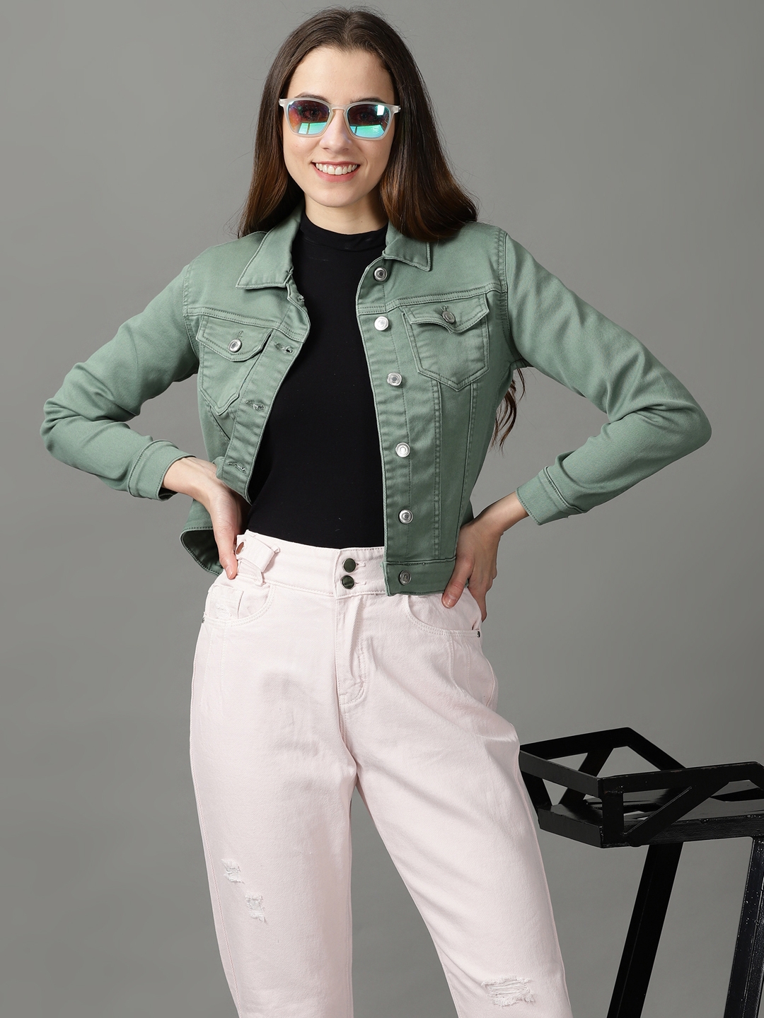 SHOWOFF Women's Spread Collar Solid Sea Green Open Front Jacket