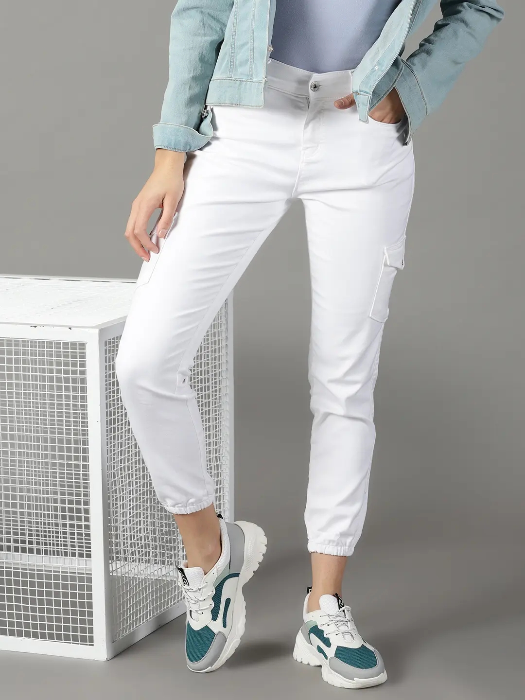 SHOWOFF Women's Stretchable Clean Look White Jogger Jeans