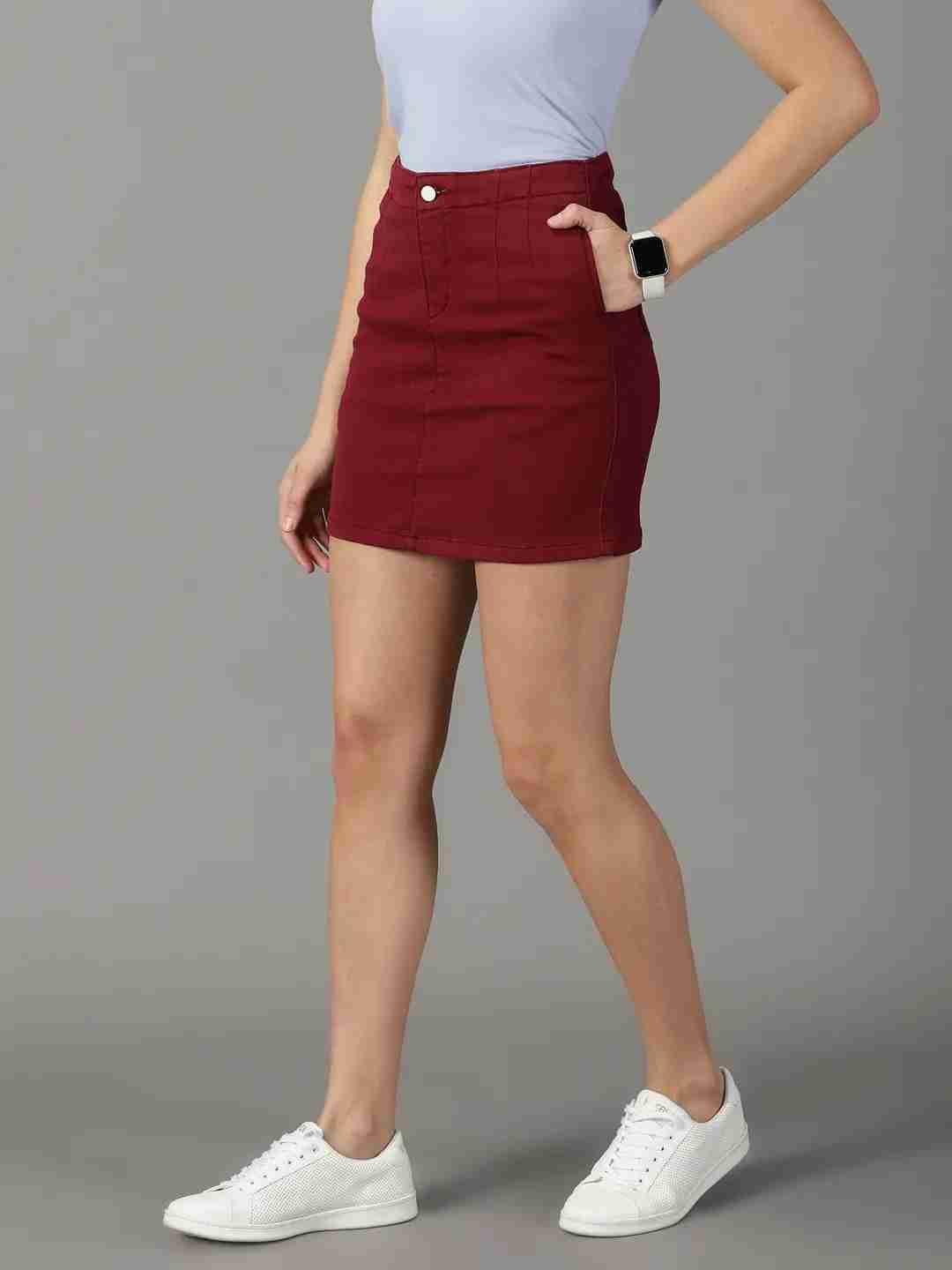 SHOWOFF Women's Solid Burgundy Denim Pencil Skirt