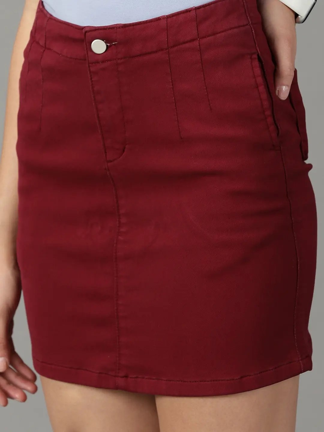 SHOWOFF Women's Solid Burgundy Denim Pencil Skirt