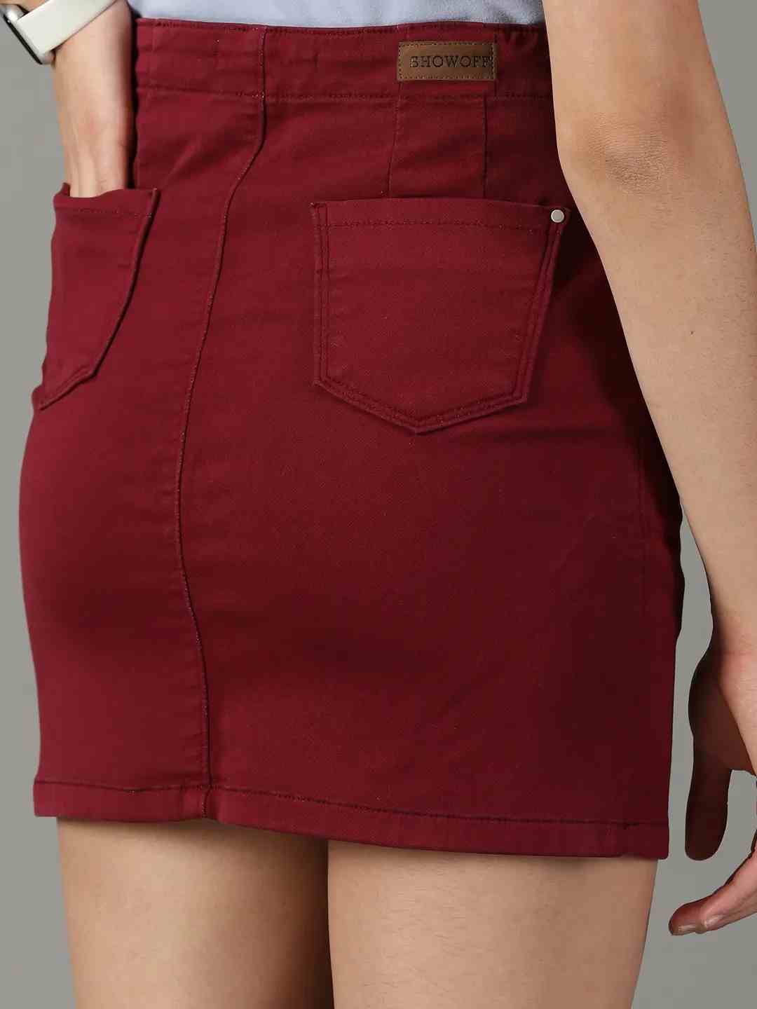 SHOWOFF Women's Solid Burgundy Denim Pencil Skirt