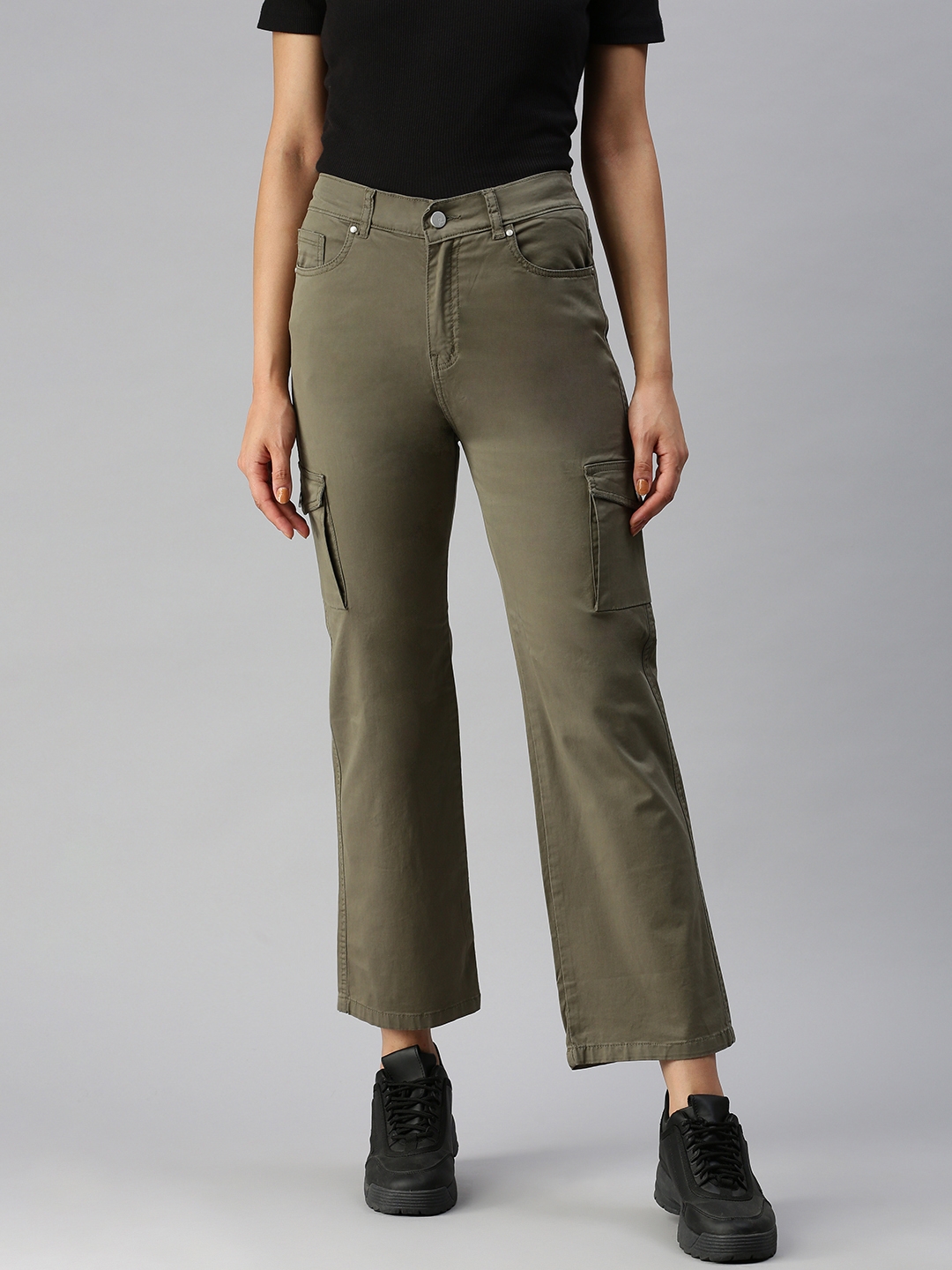SHOWOFF Women's Clean Look High-Rise Olive Straight Fit Jeans