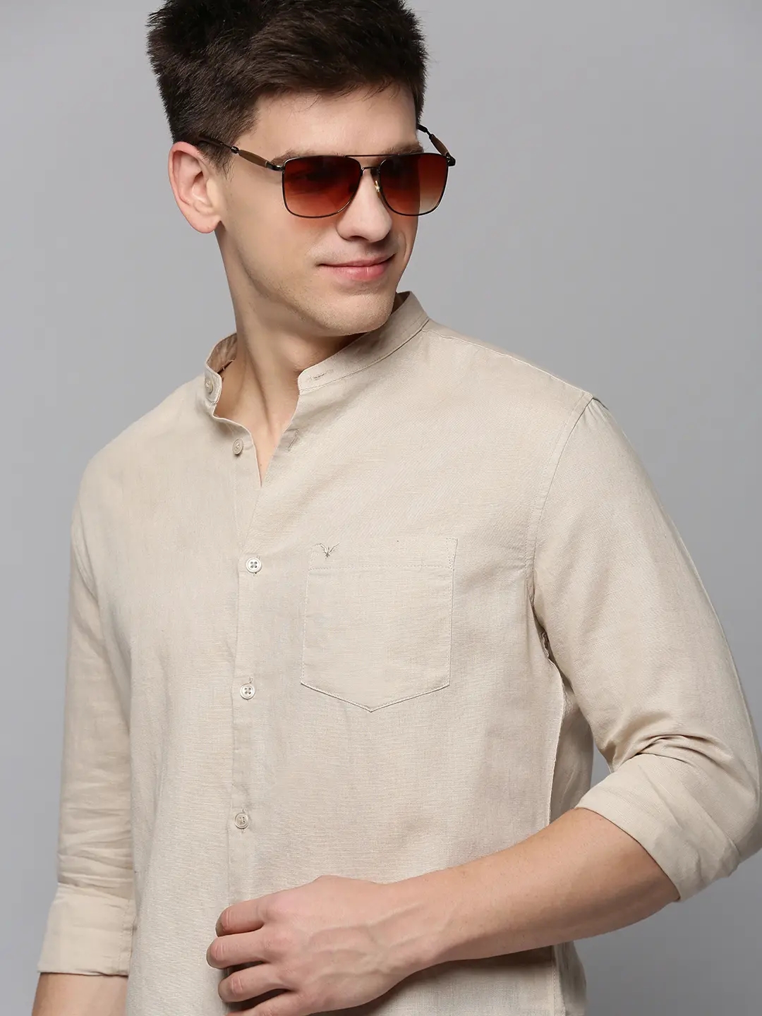 SHOWOFF Men's Mandarin Collar Beige Solid Shirt