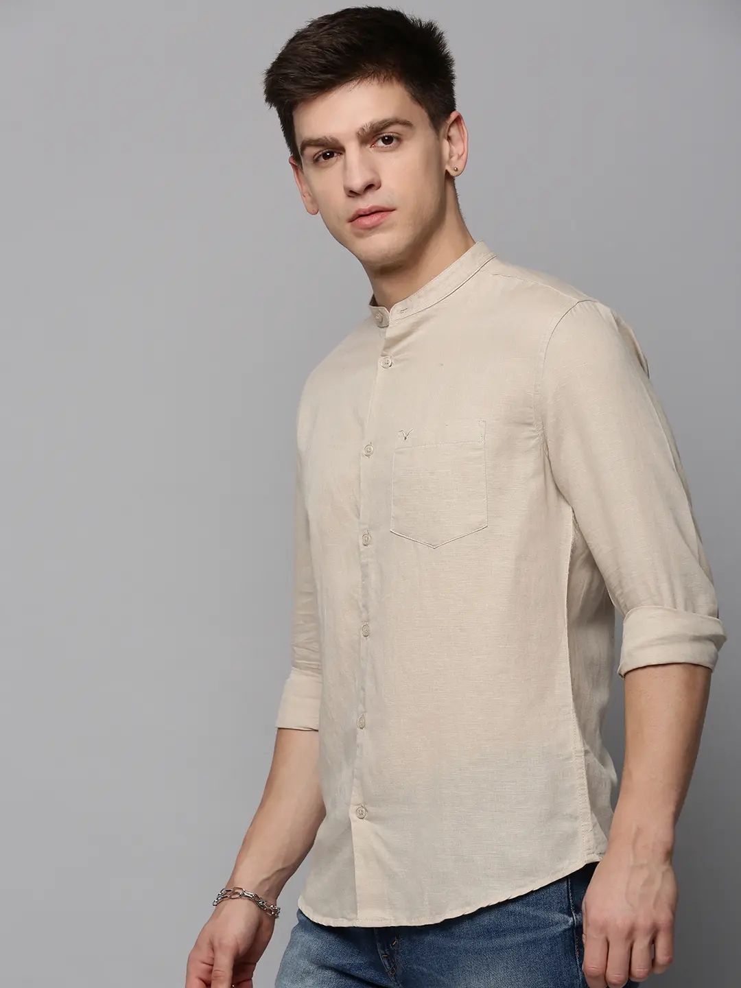 SHOWOFF Men's Mandarin Collar Beige Solid Shirt