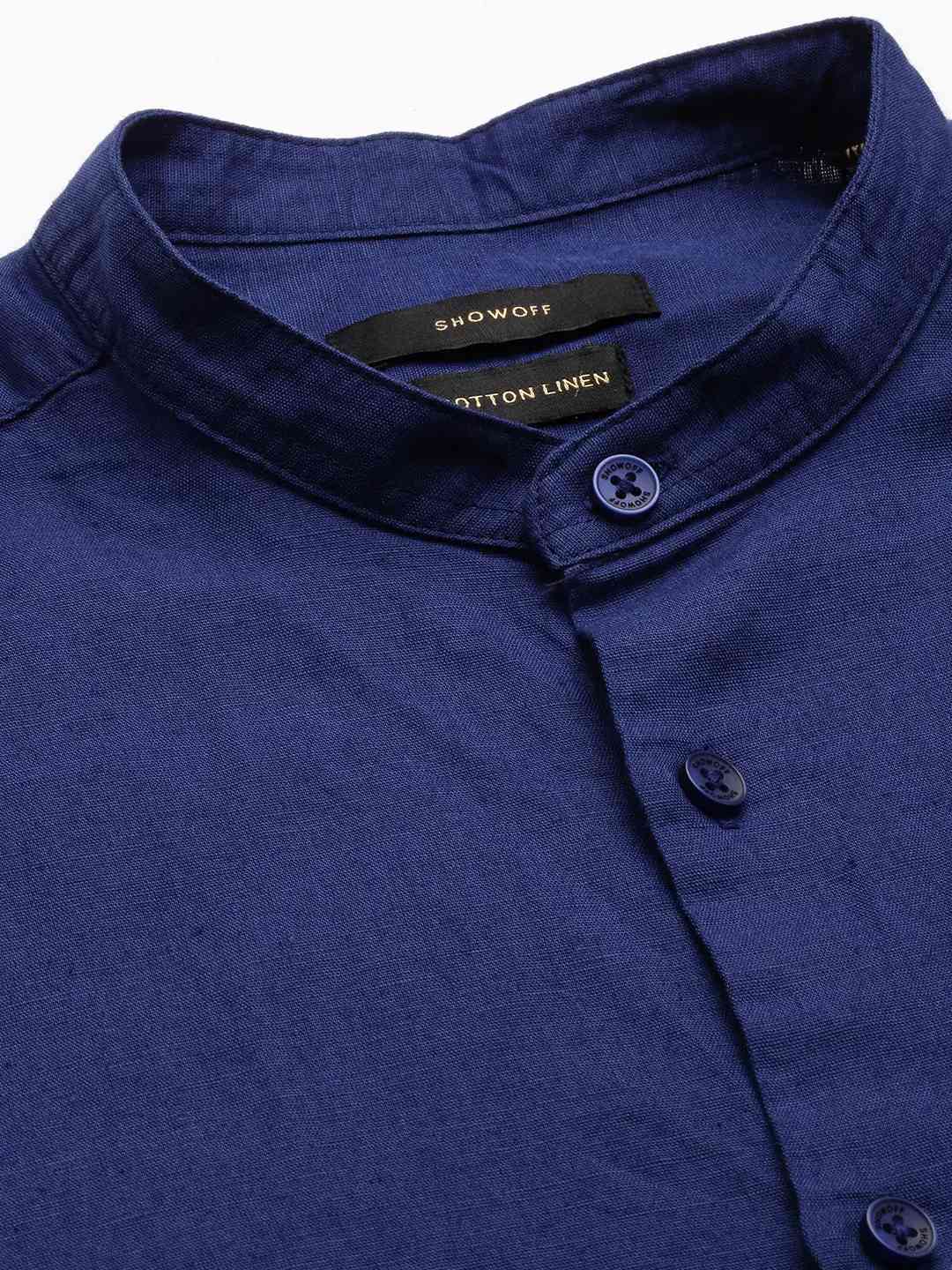 SHOWOFF Men's Mandarin Collar Navy Blue Solid Shirt