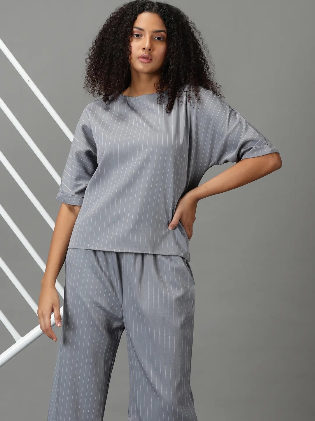 SHOWOFF Women's Grey Round Neck Striped Co-Ords Set