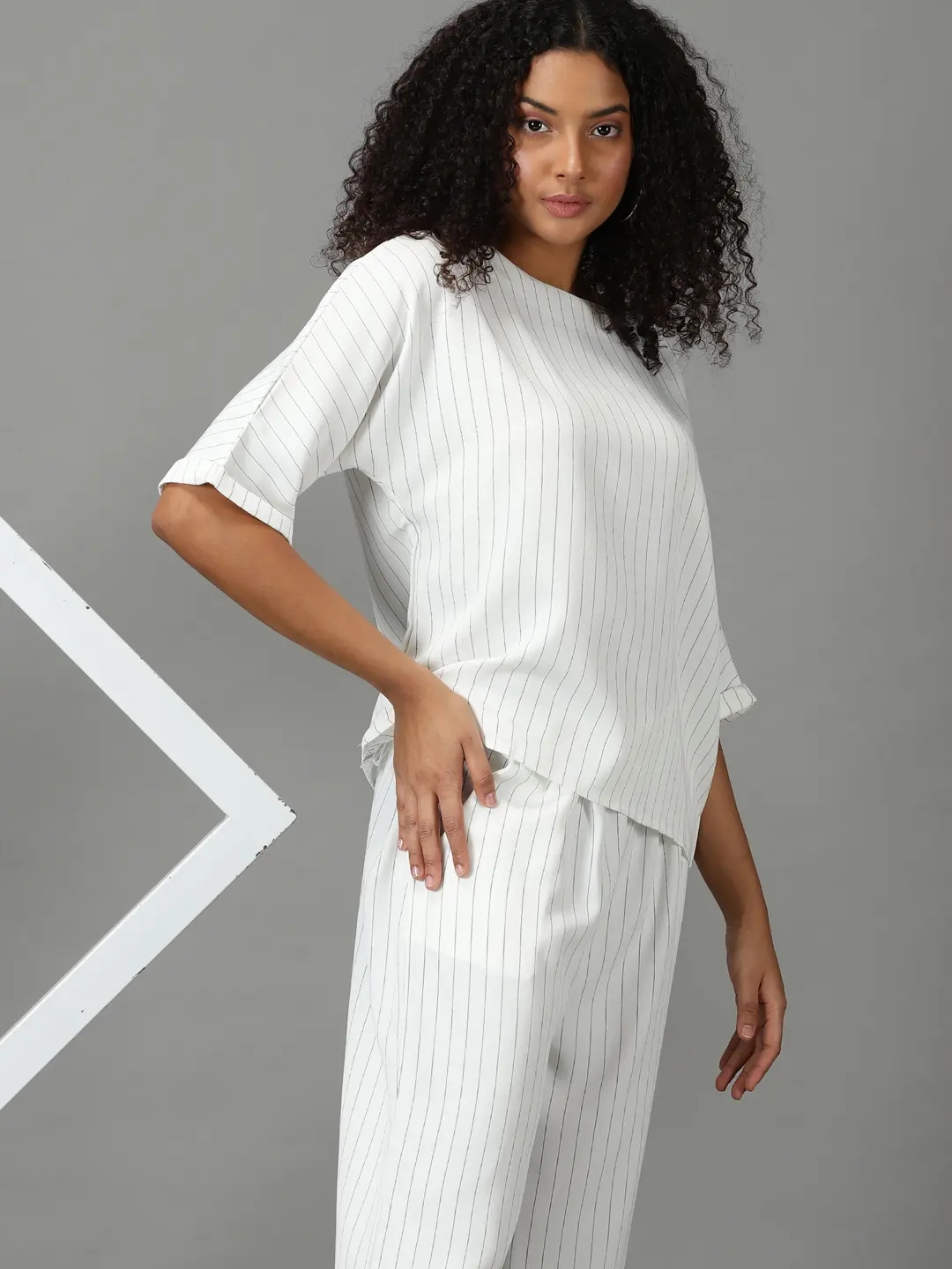 SHOWOFF Women's White Round Neck Striped Co-Ords Set