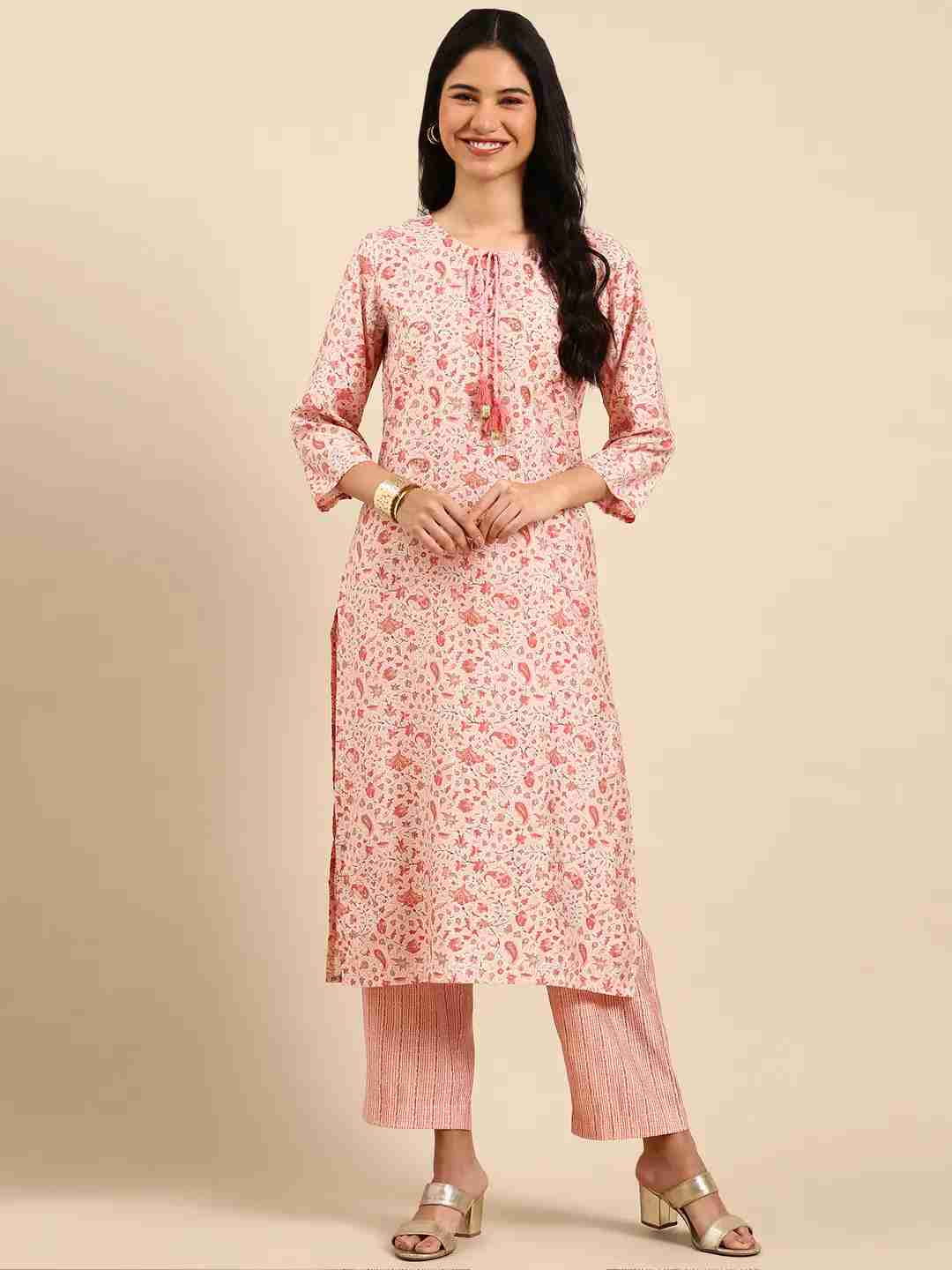Women's Pink Silk Blend Printed Comfort Fit Kurta Sets