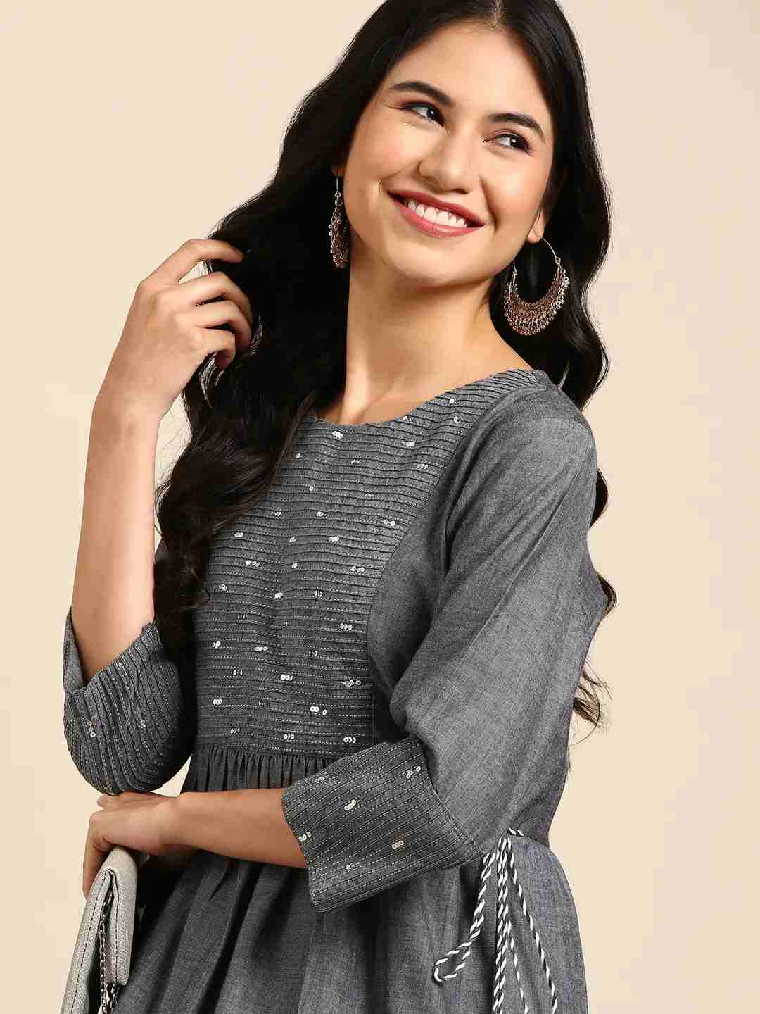 SHOWOFF Women Grey Embellished Round Neck Three-Quarter Sleeves Ankle Length Anarkali Kurta