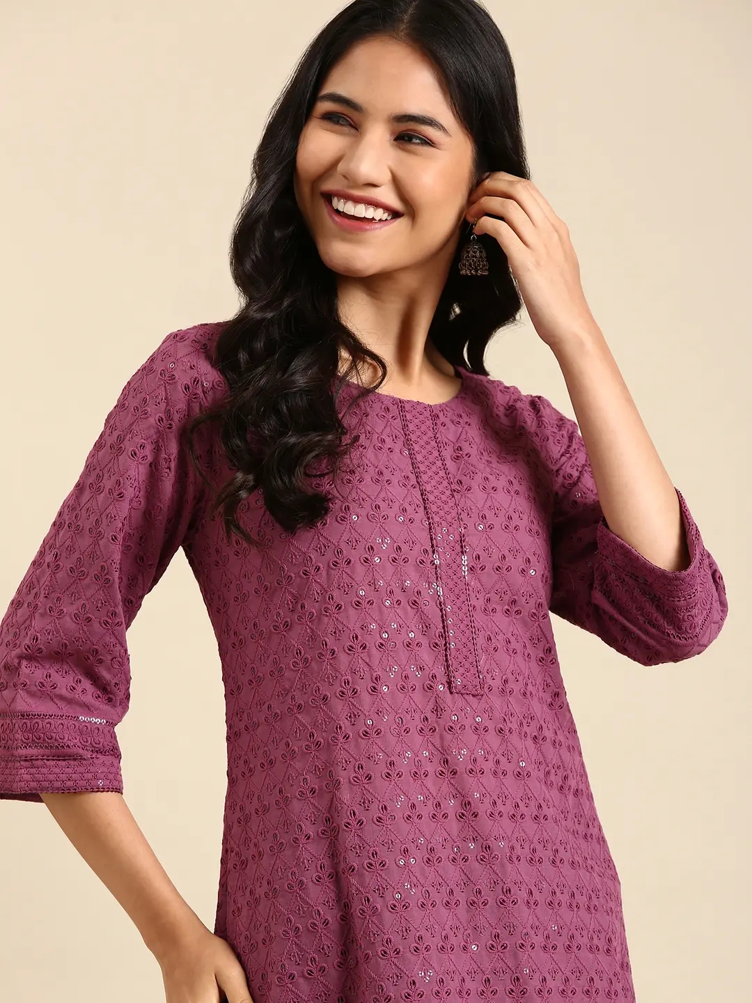 Women's Purple Cotton Printed Comfort Fit Kurtas