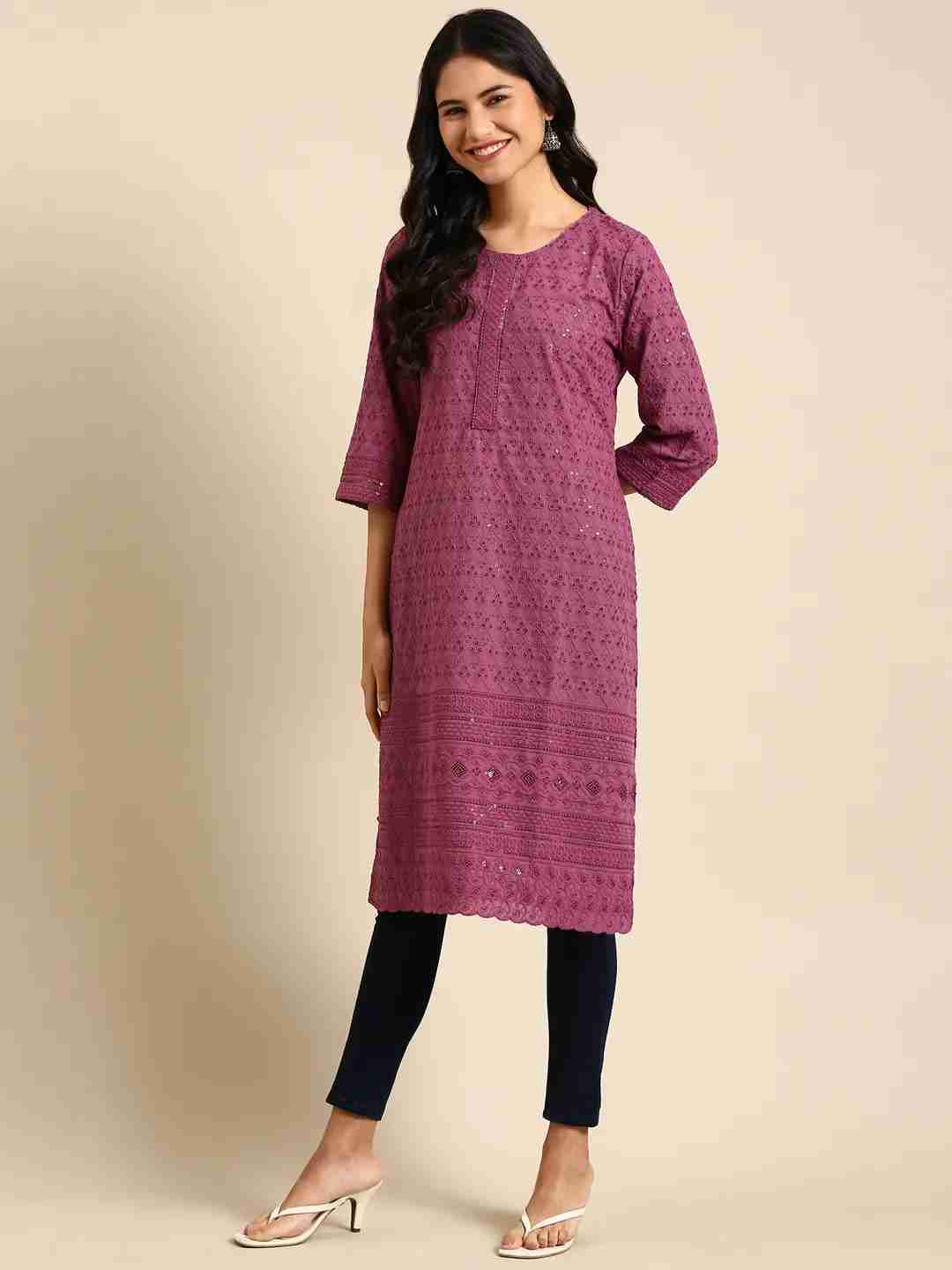 Women's Purple Cotton Printed Comfort Fit Kurtas