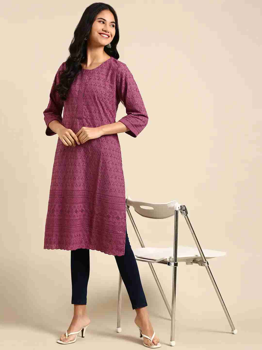 Women's Purple Cotton Printed Comfort Fit Kurtas