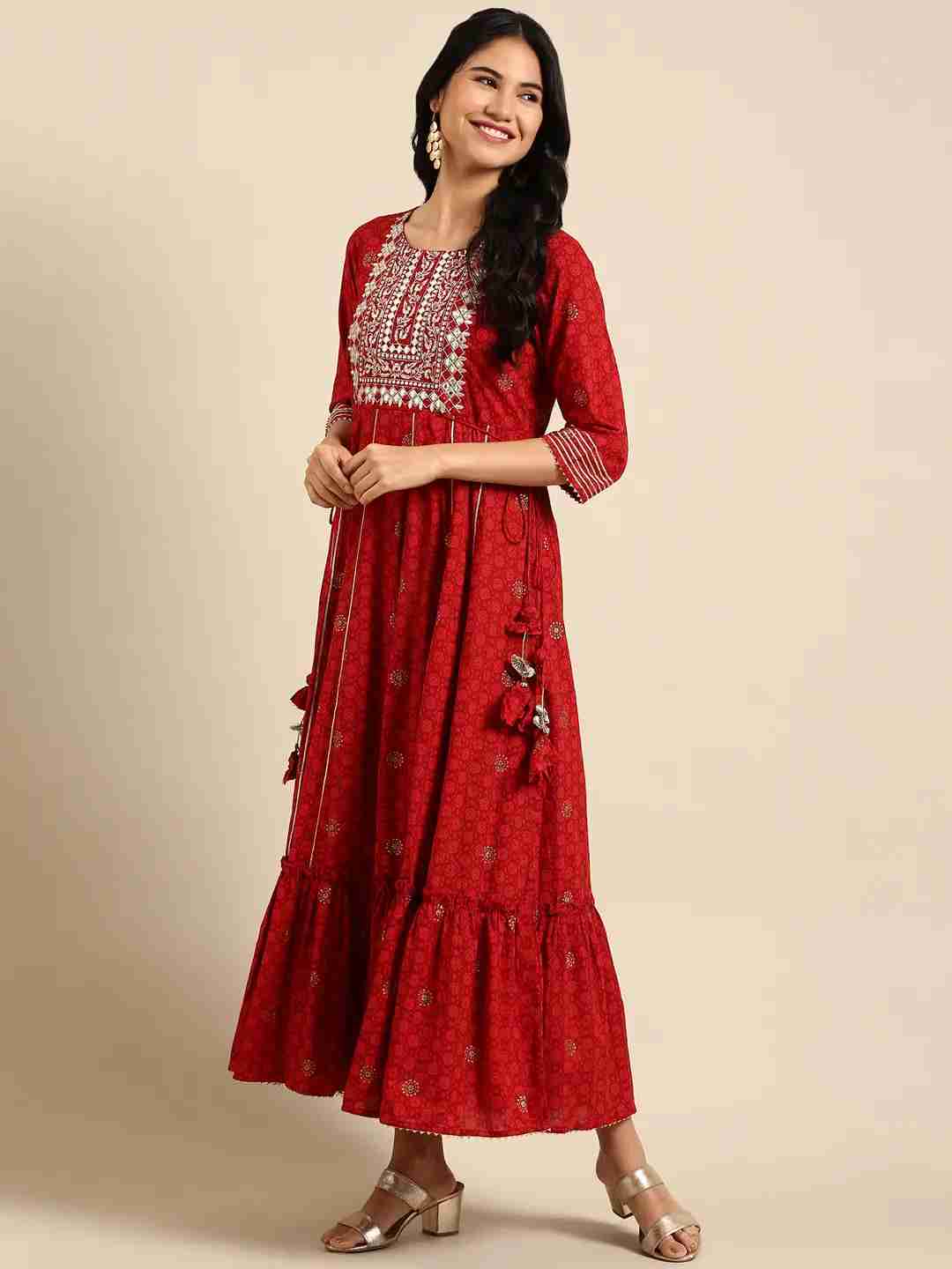 Women's Red Chanderi Printed Comfort Fit Kurtas