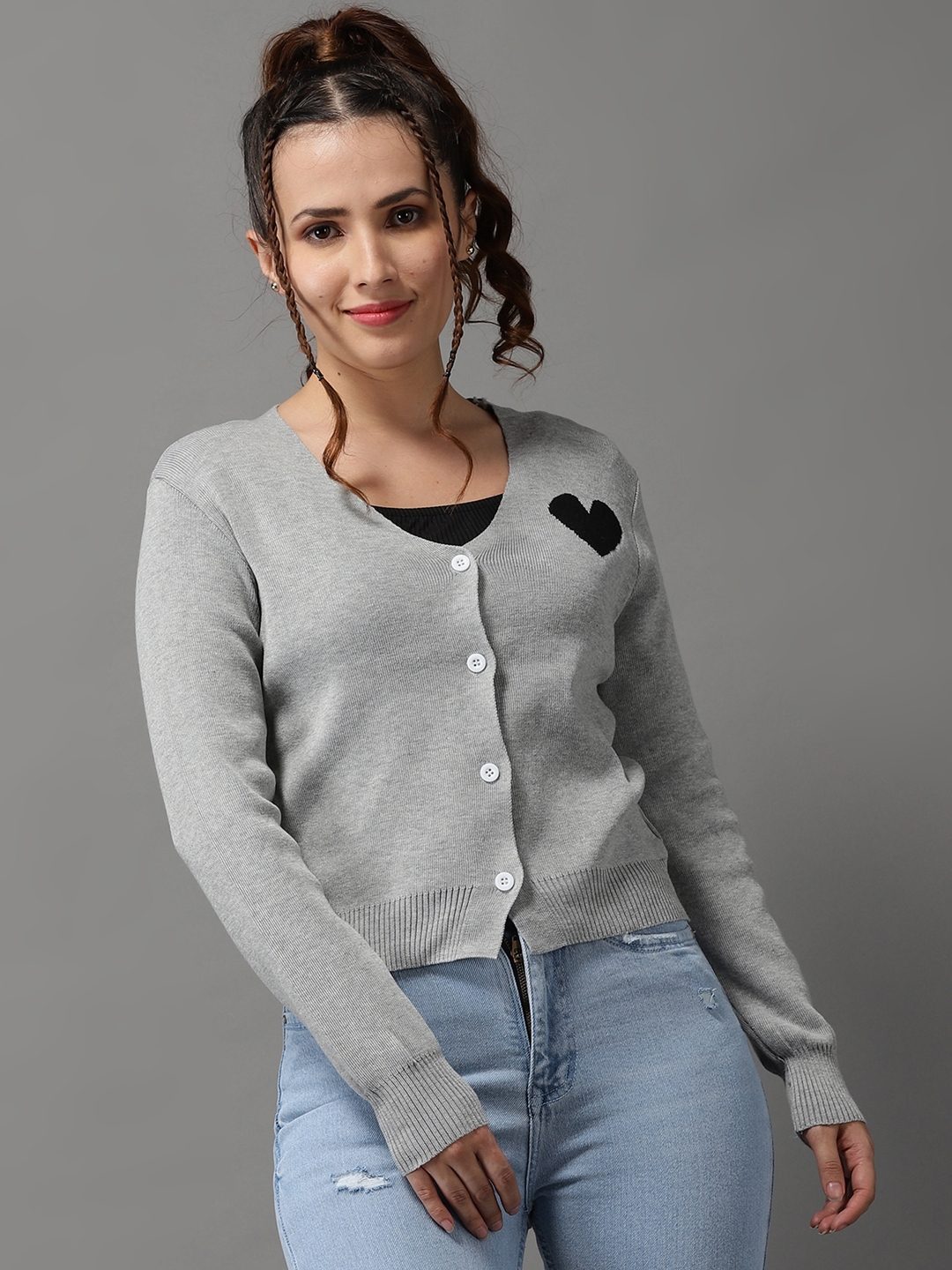 Showoff | SHOWOFF Women's Long Sleeves Regular Grey Solid Front-Open