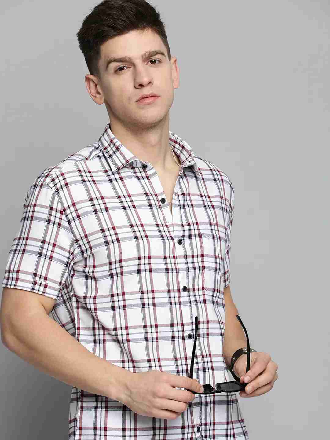 SHOWOFF Men's Spread Collar White Checked Shirt