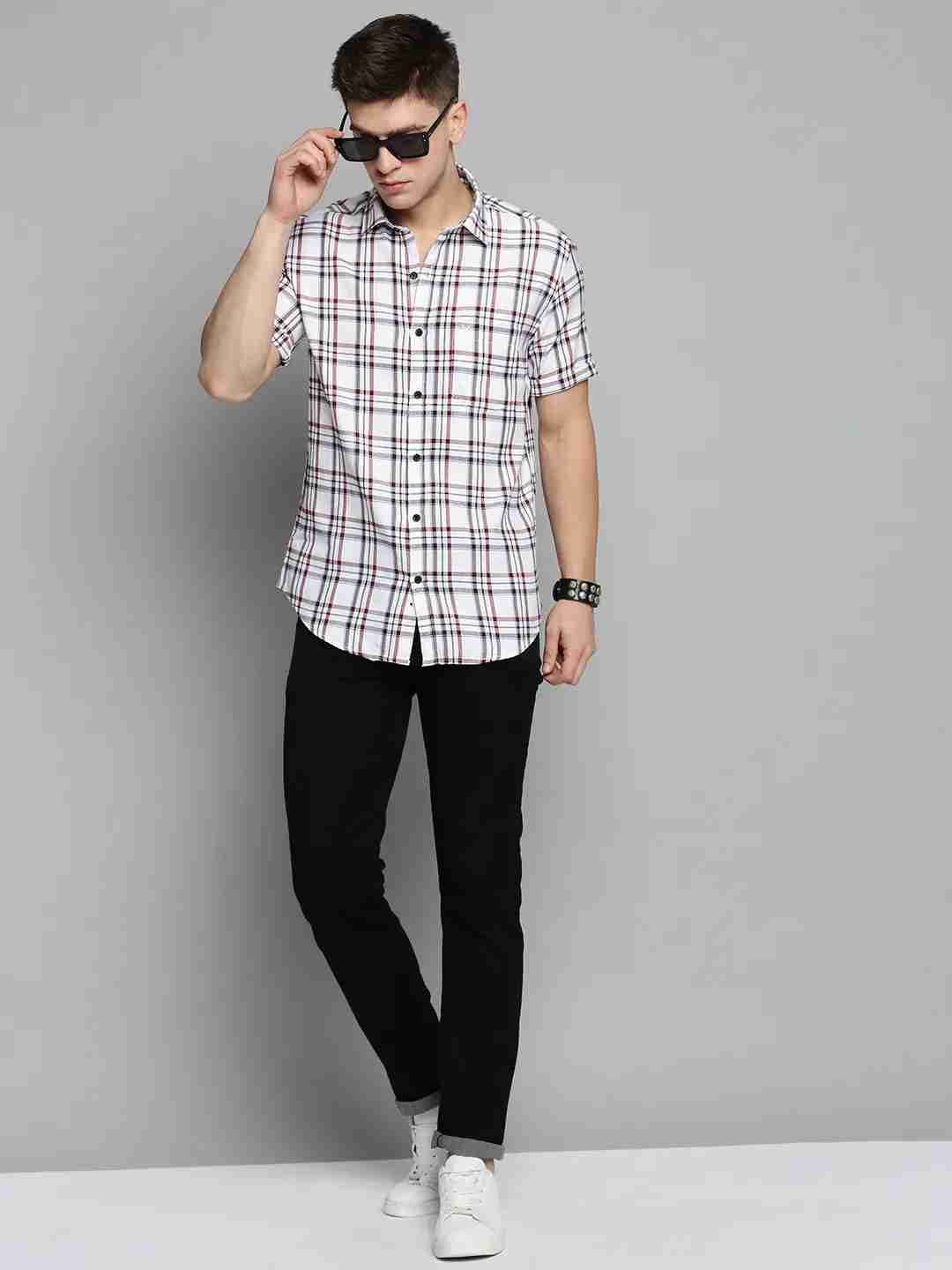 SHOWOFF Men's Spread Collar White Checked Shirt