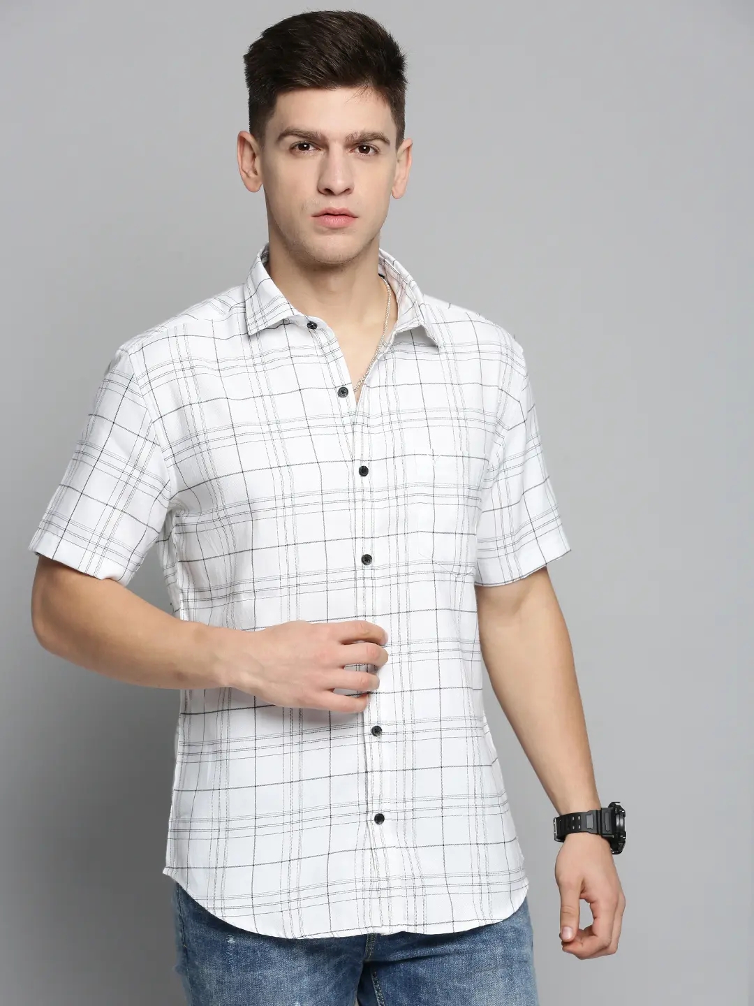 SHOWOFF Men's Spread Collar White Checked Shirt