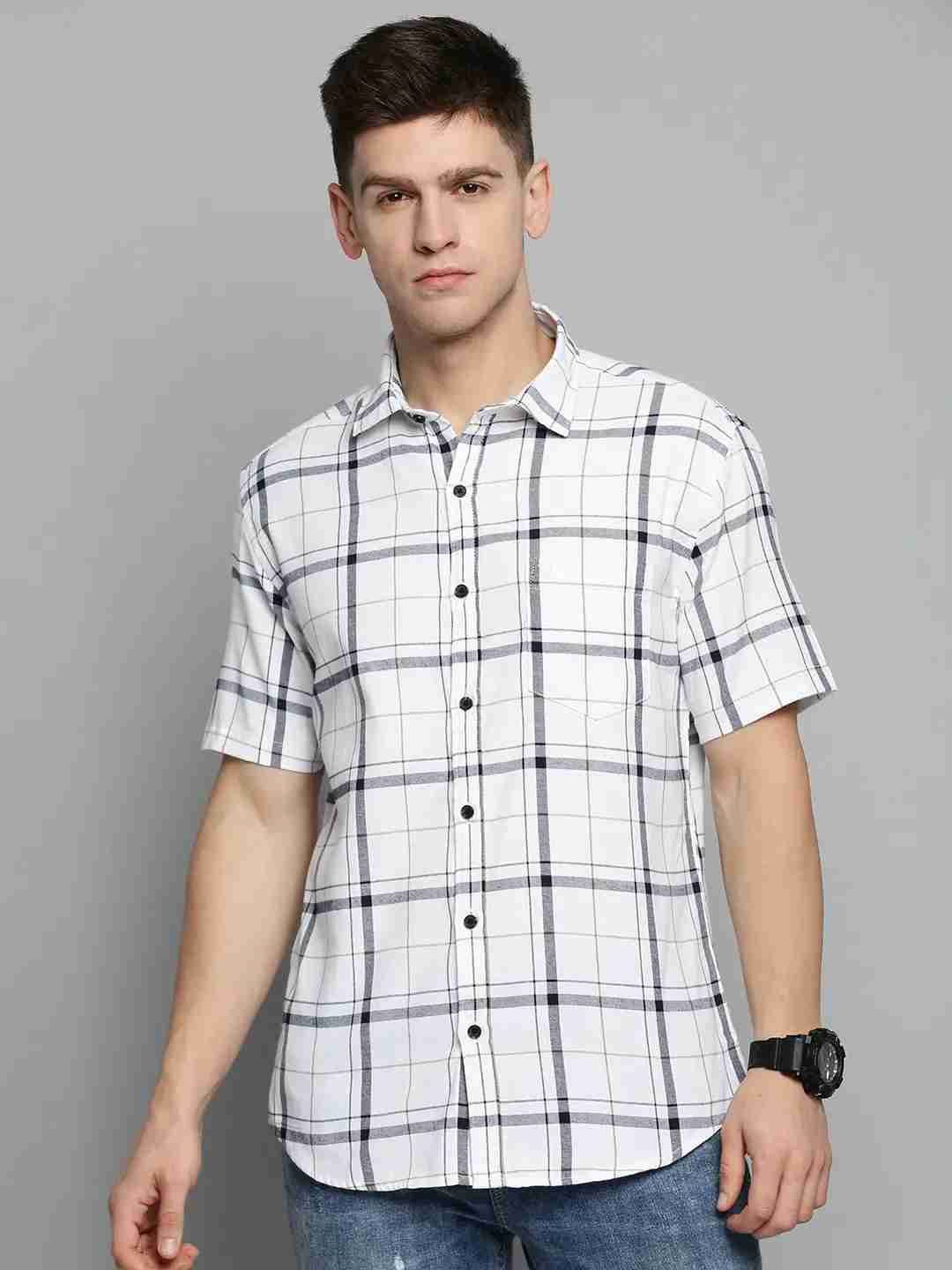 SHOWOFF Men's Spread Collar White Checked Shirt