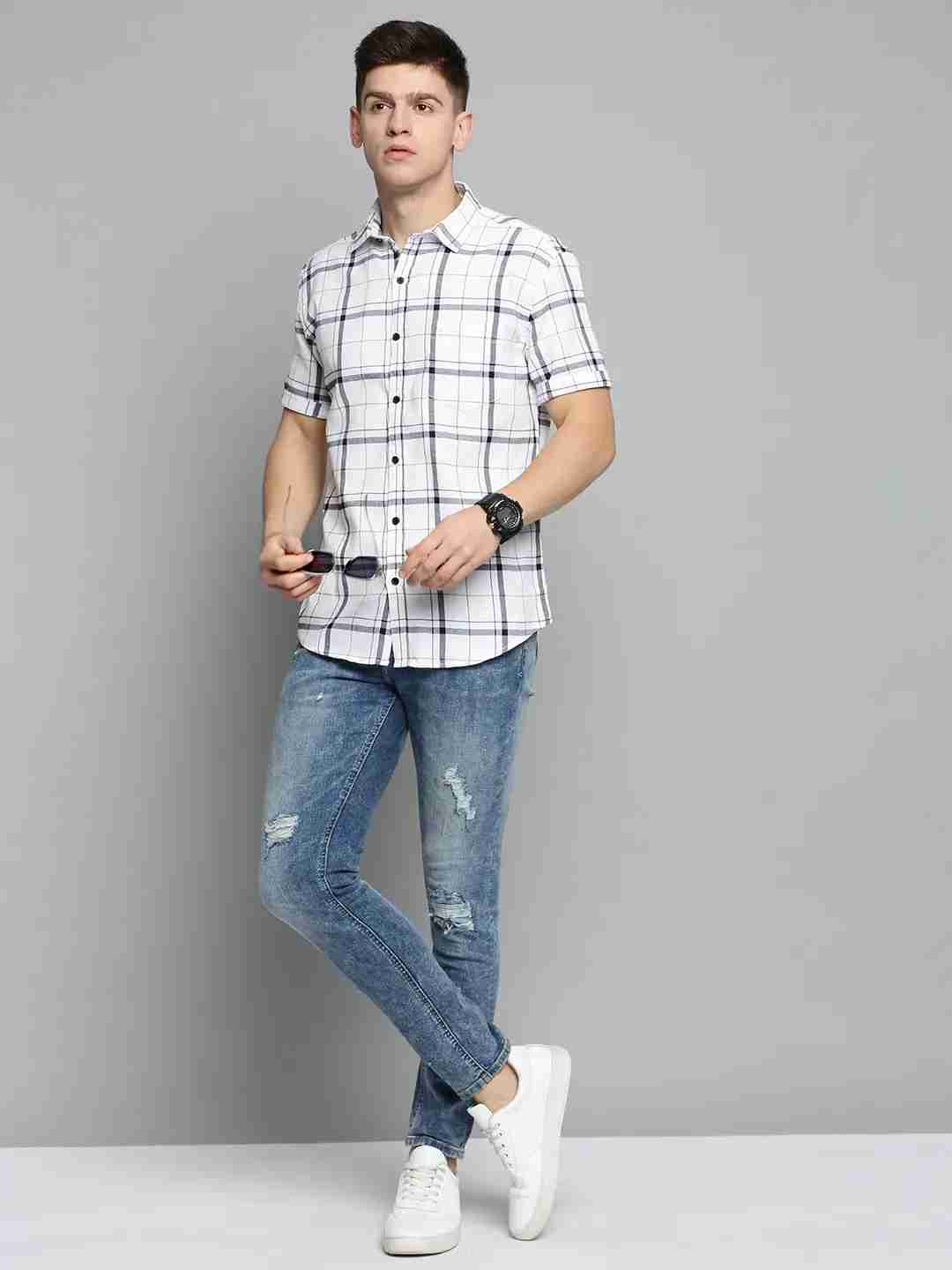 SHOWOFF Men's Spread Collar White Checked Shirt