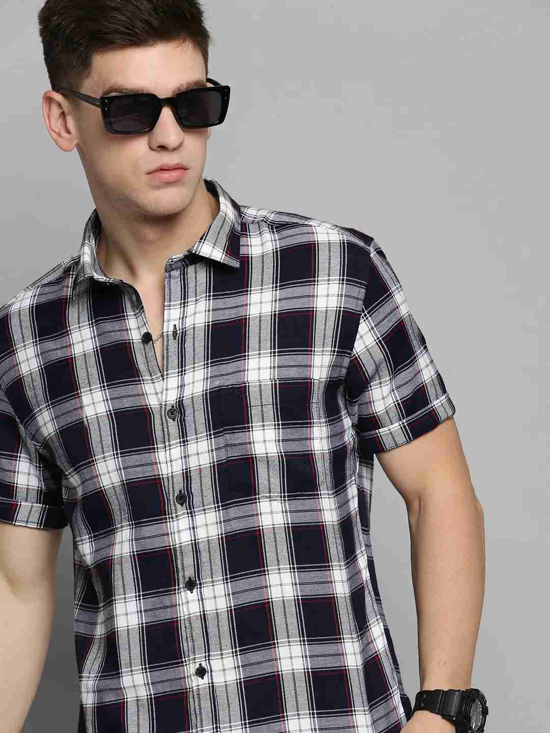 SHOWOFF Men's Spread Collar Navy Blue Checked Shirt