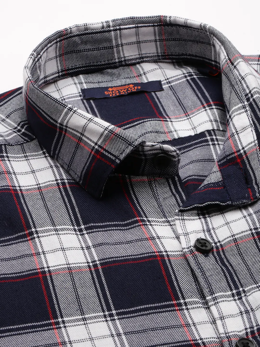 SHOWOFF Men's Spread Collar Navy Blue Checked Shirt