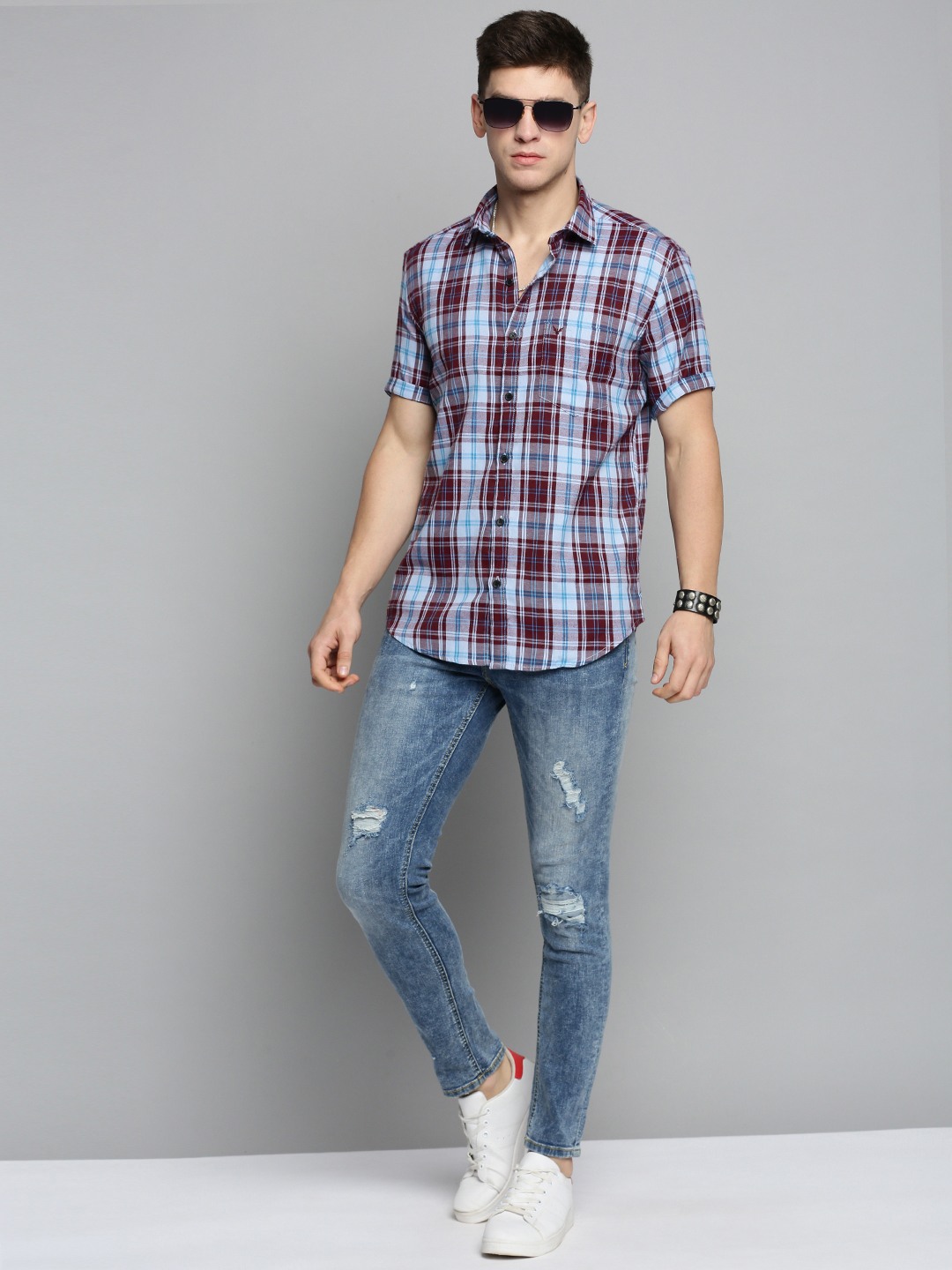 SHOWOFF Men's Spread Collar Blue Checked Shirt
