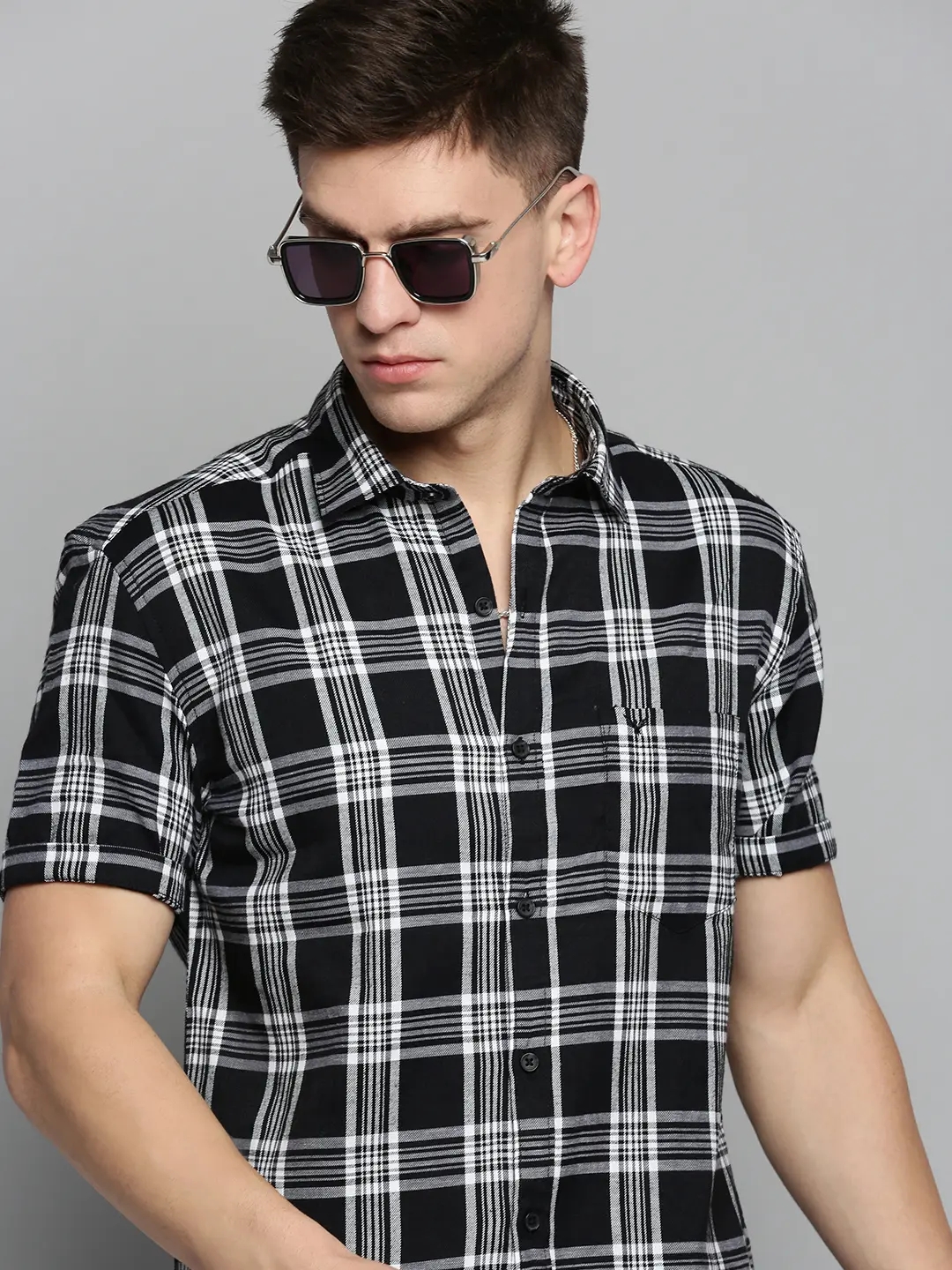 SHOWOFF Men's Spread Collar Black Checked Shirt