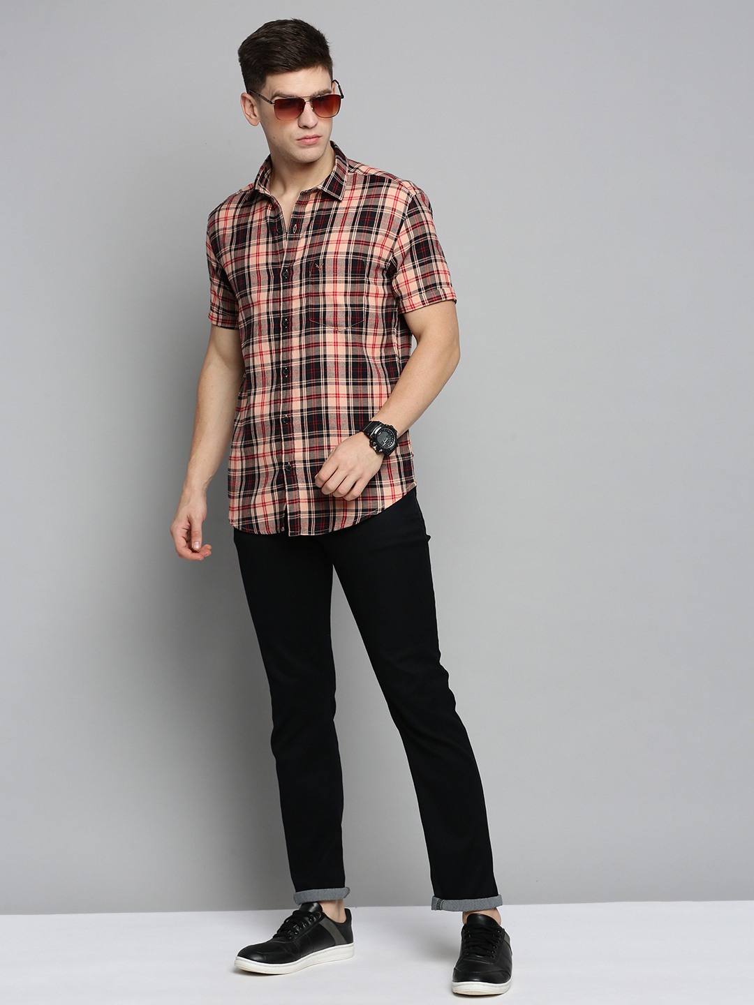 SHOWOFF Men's Spread Collar Peach Checked Shirt