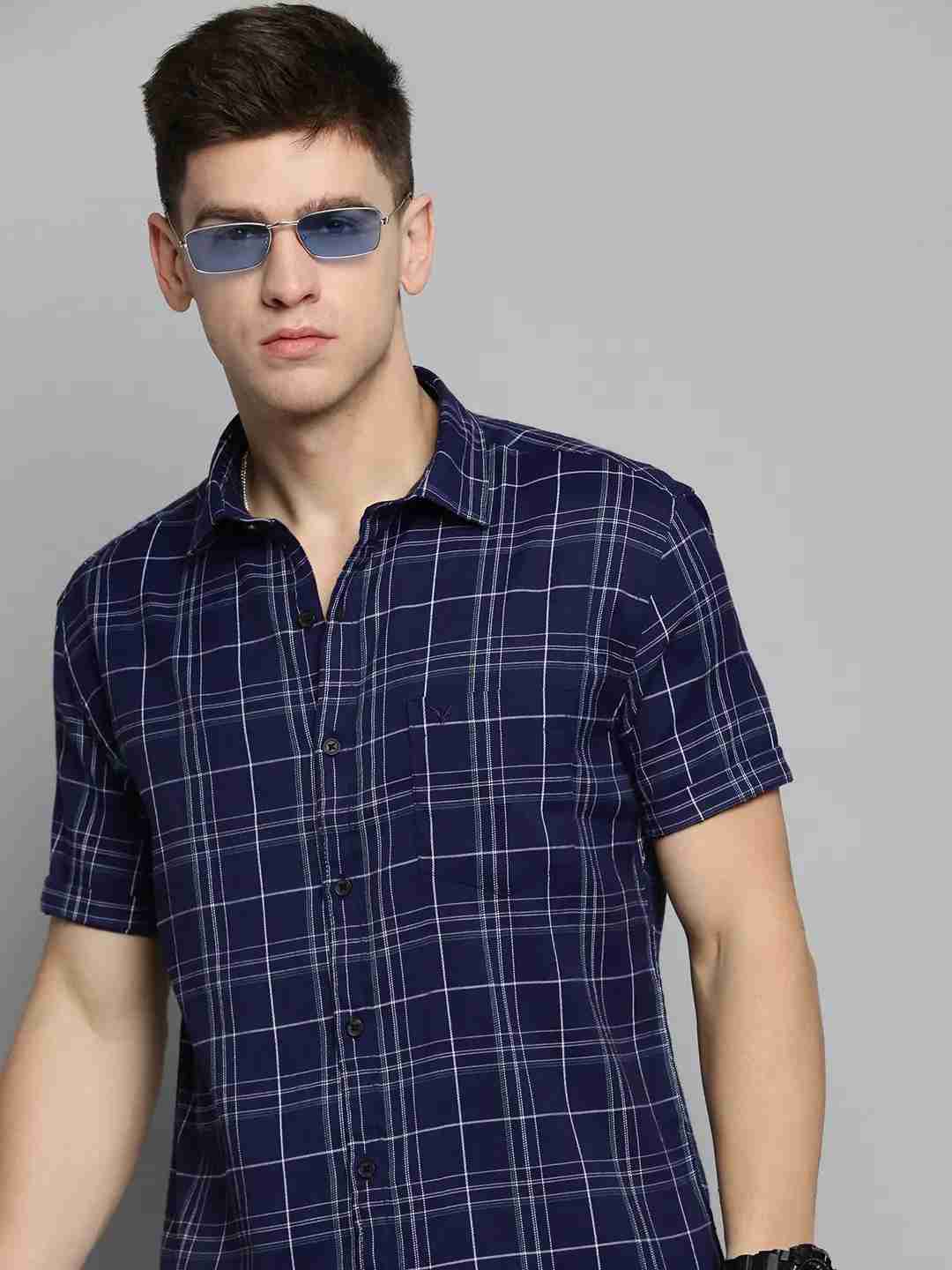 SHOWOFF Men's Spread Collar Navy Blue Checked Shirt