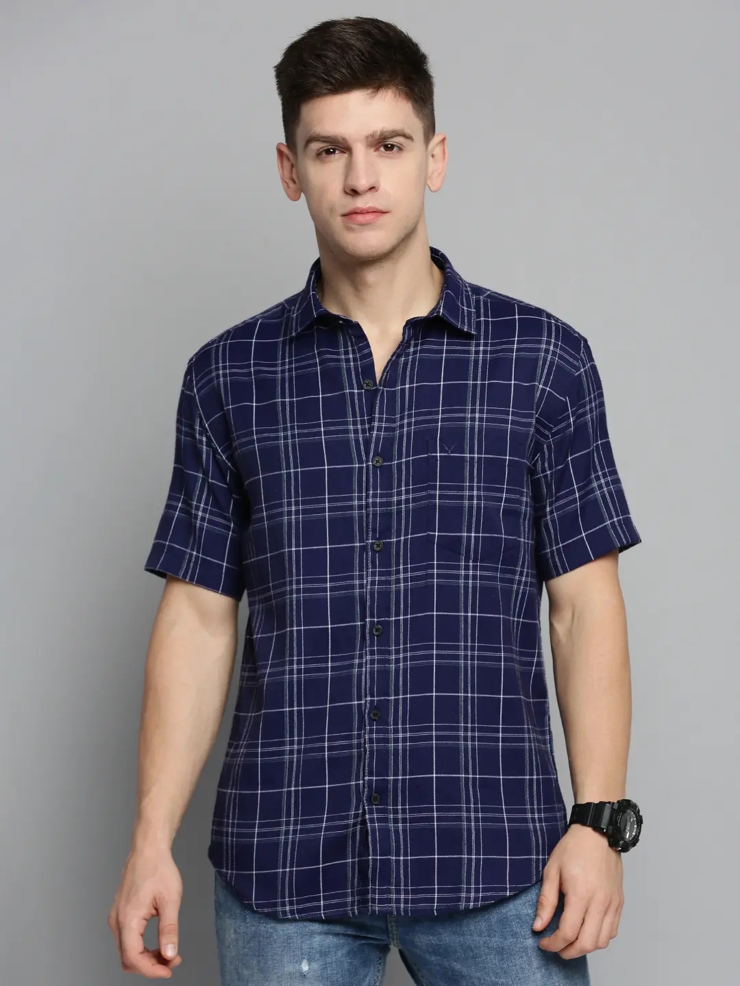 SHOWOFF Men's Spread Collar Navy Blue Checked Shirt