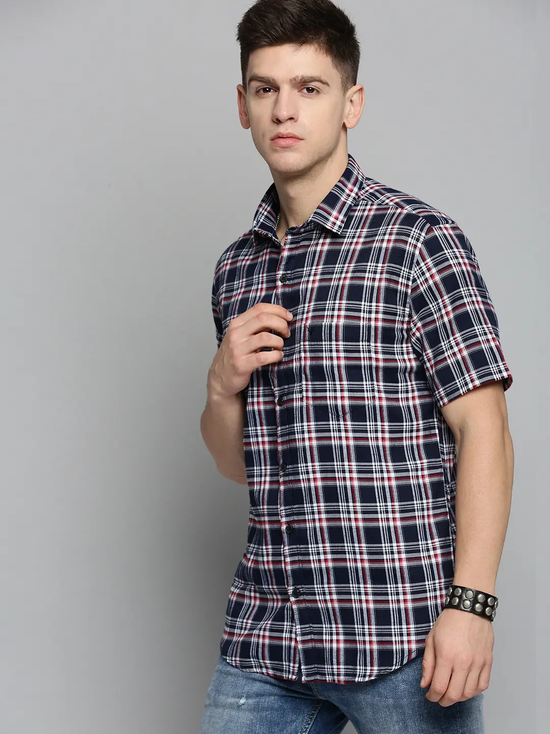 SHOWOFF Men's Spread Collar NavyBlue Checked Shirt