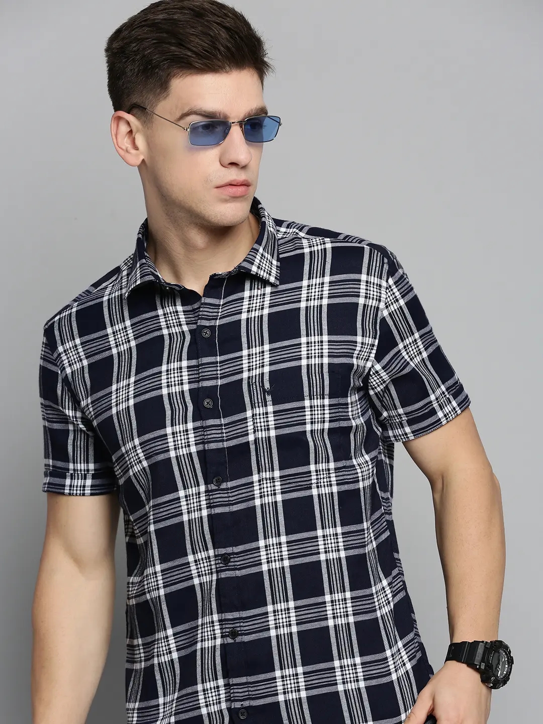 SHOWOFF Men's Spread Collar Navy Blue Checked Shirt